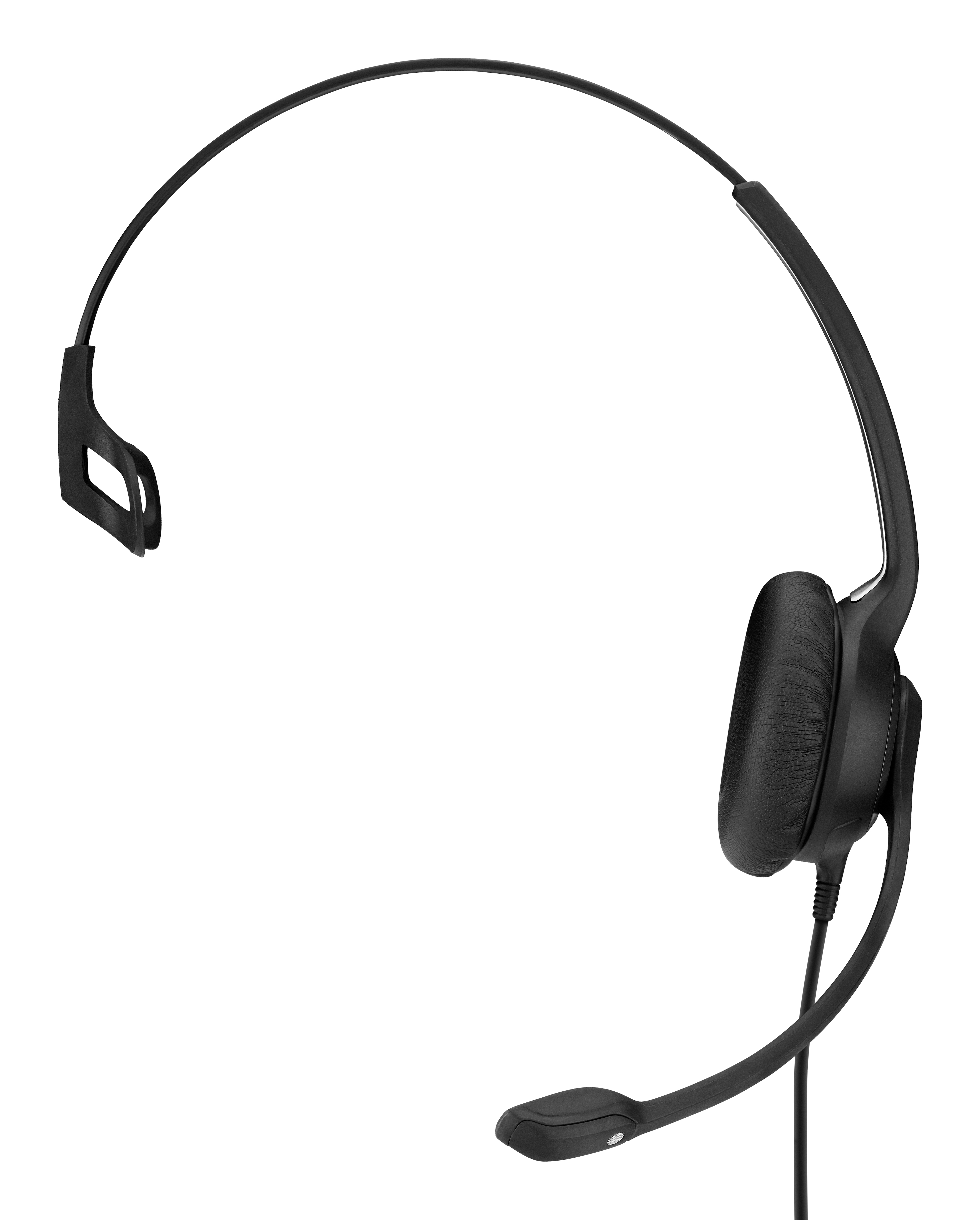 Schwarzes Headset mit Mikrofon auf der linken Seite. Es ist auf weißem Hintergrund.
