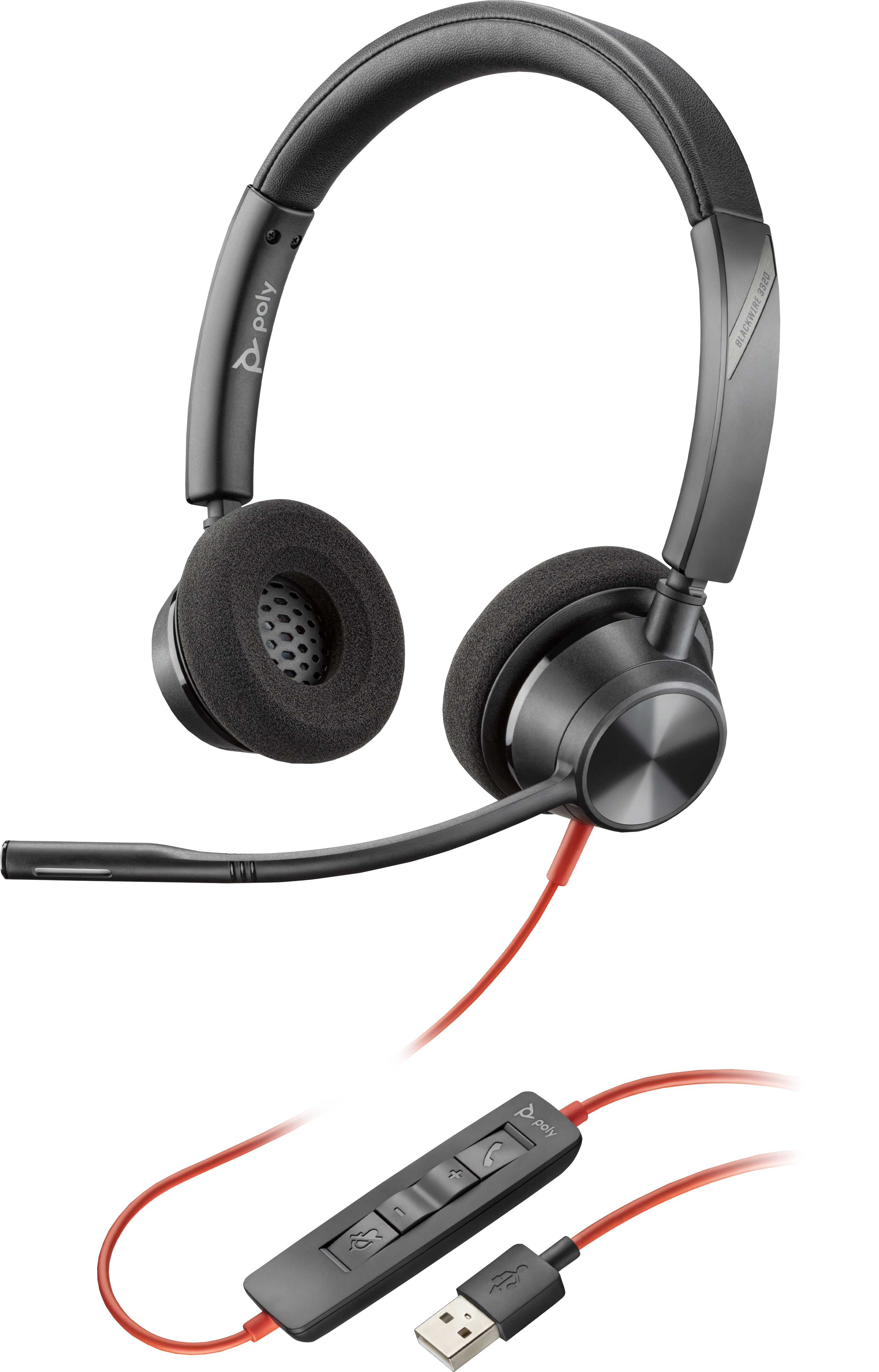 Un auricular negro y gris con un cable rojo y un conector USB. Tiene un micrófono y controles de volumen.
