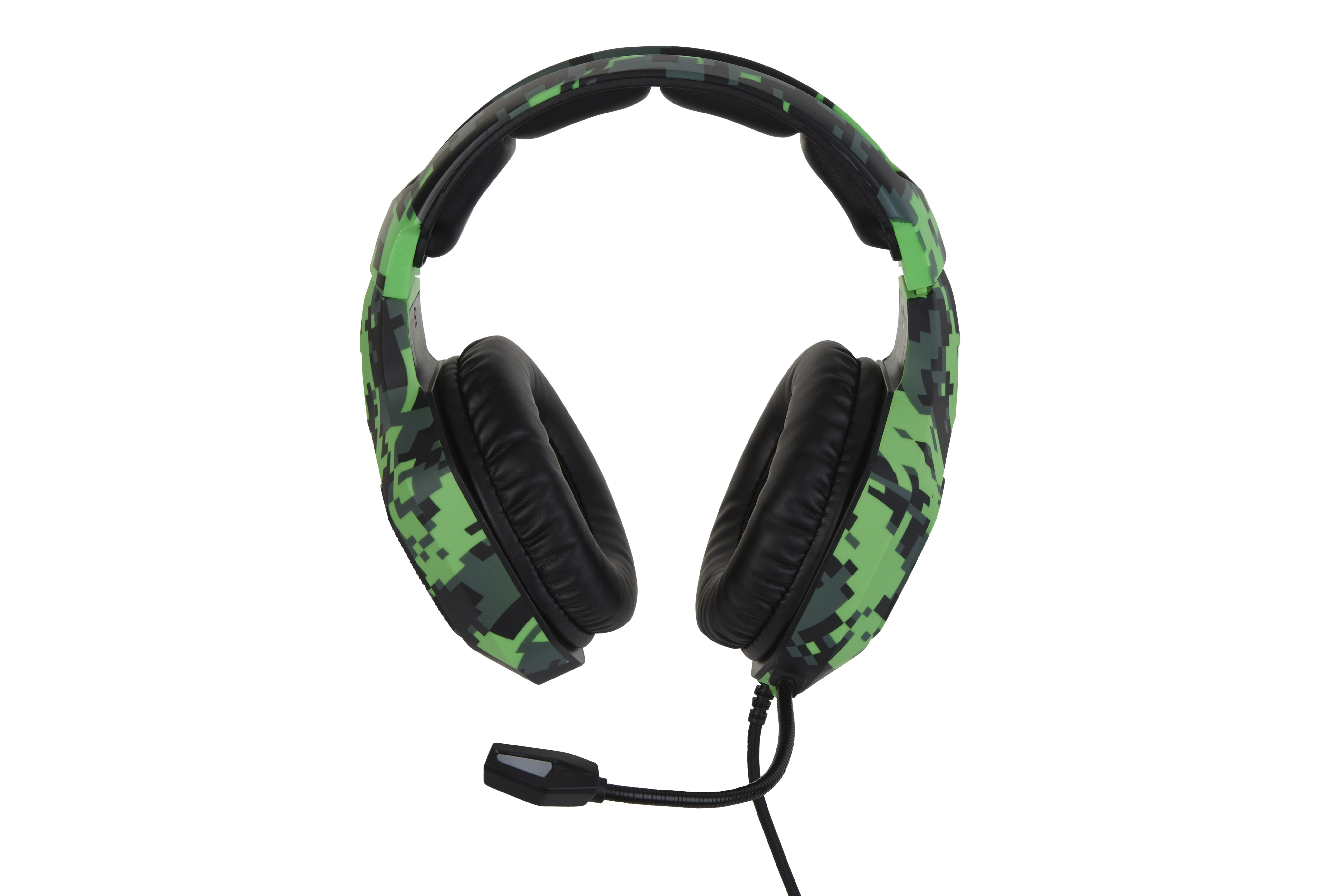 Green camouflage gaming headset with microphone, white background.