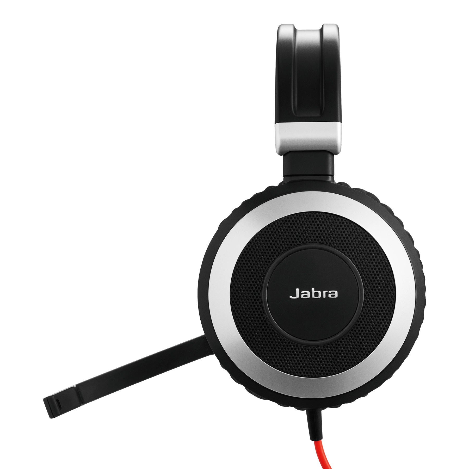 Schwarzes Jabra-Headset auf Weiß. Das Headset hat ein Mikrofon und ein rotes Kabel.