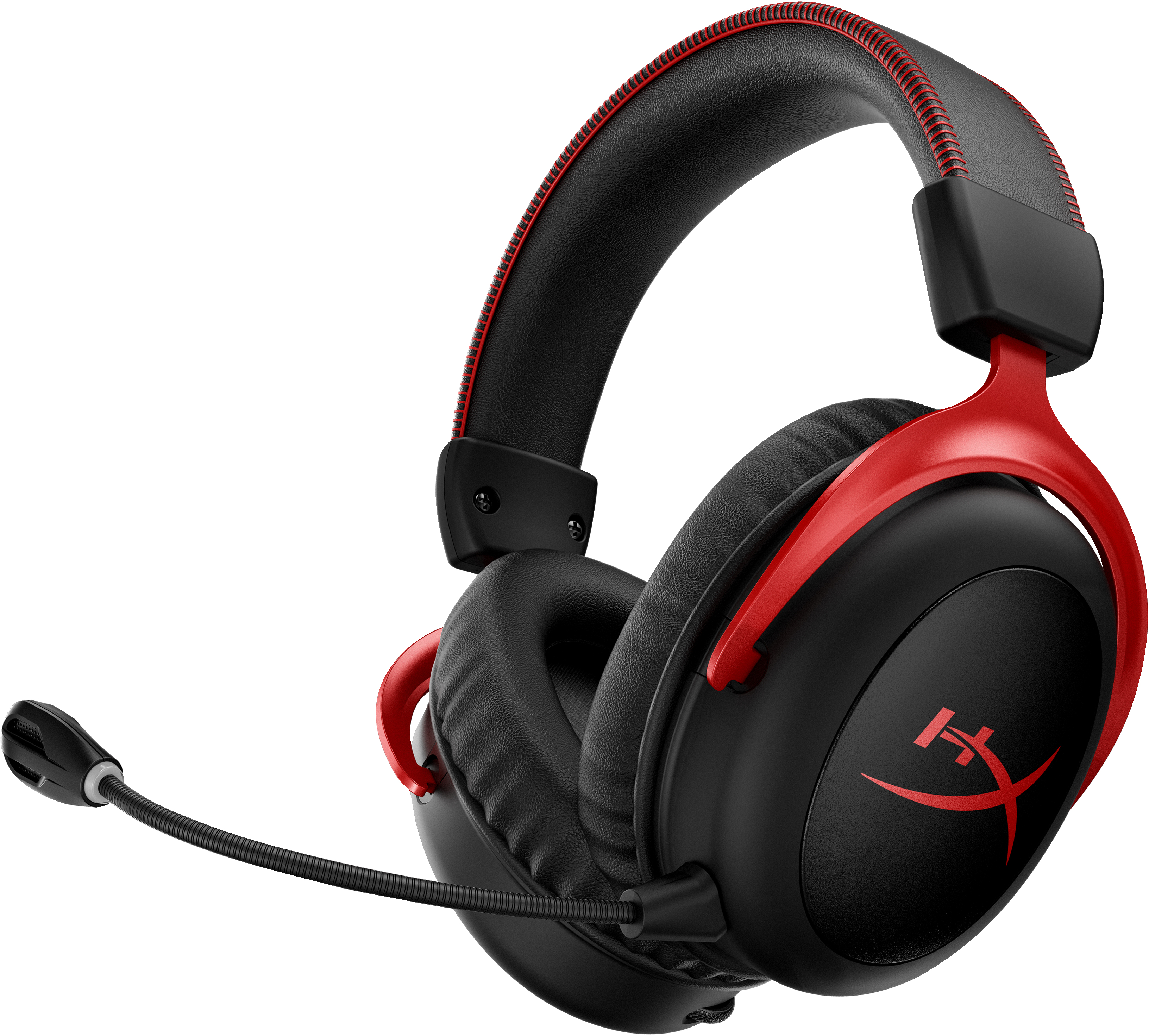 Cuffie da gioco HyperX nere e rosse con microfono. Sfondo bianco.