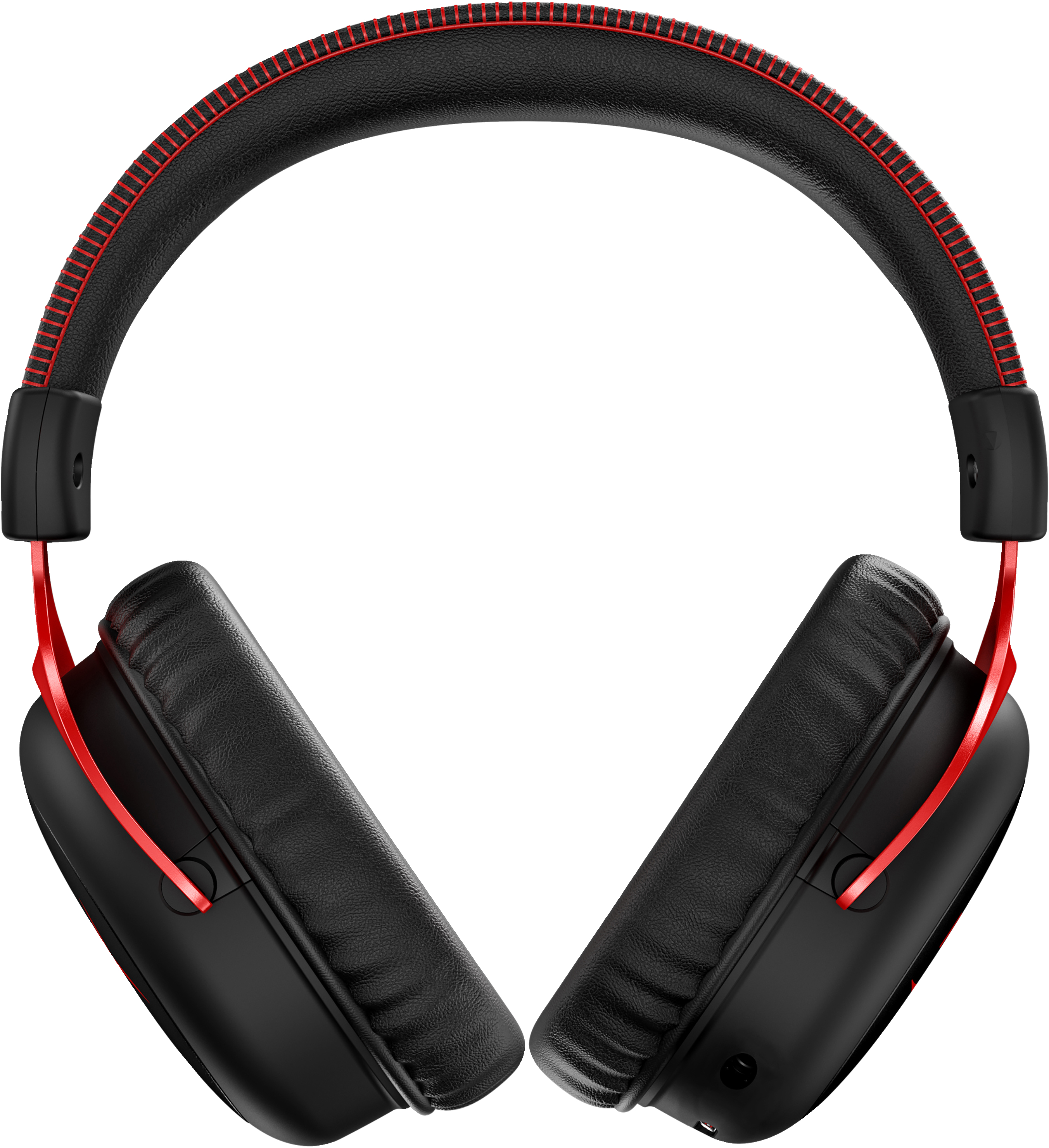 Cuffie nere con accenti rossi sulla fascia e sui padiglioni auricolari.