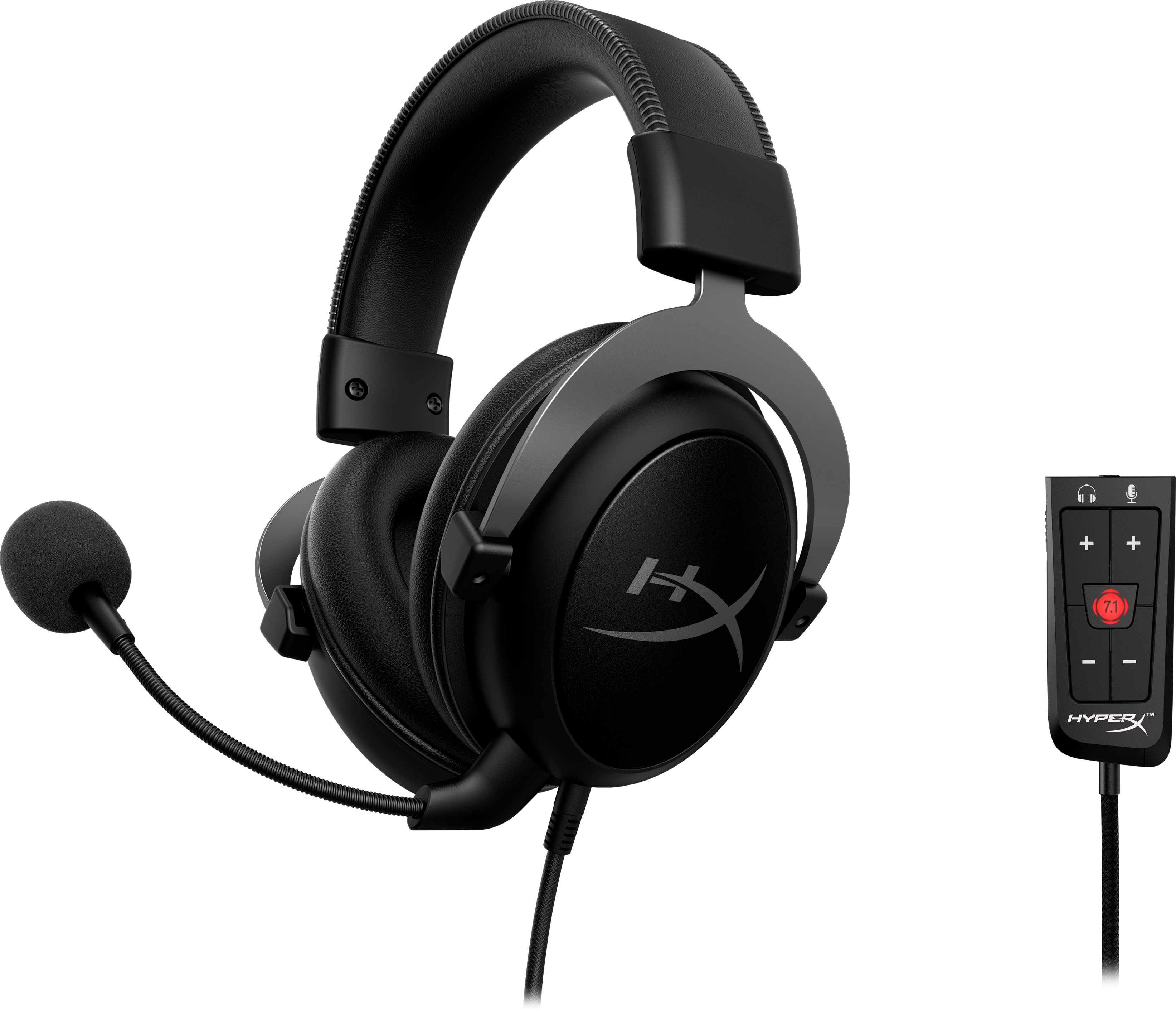 Schwarzes Gaming-Headset mit Mikrofon und Lautstärkeregelung. Hat ein HyperX-Logo.