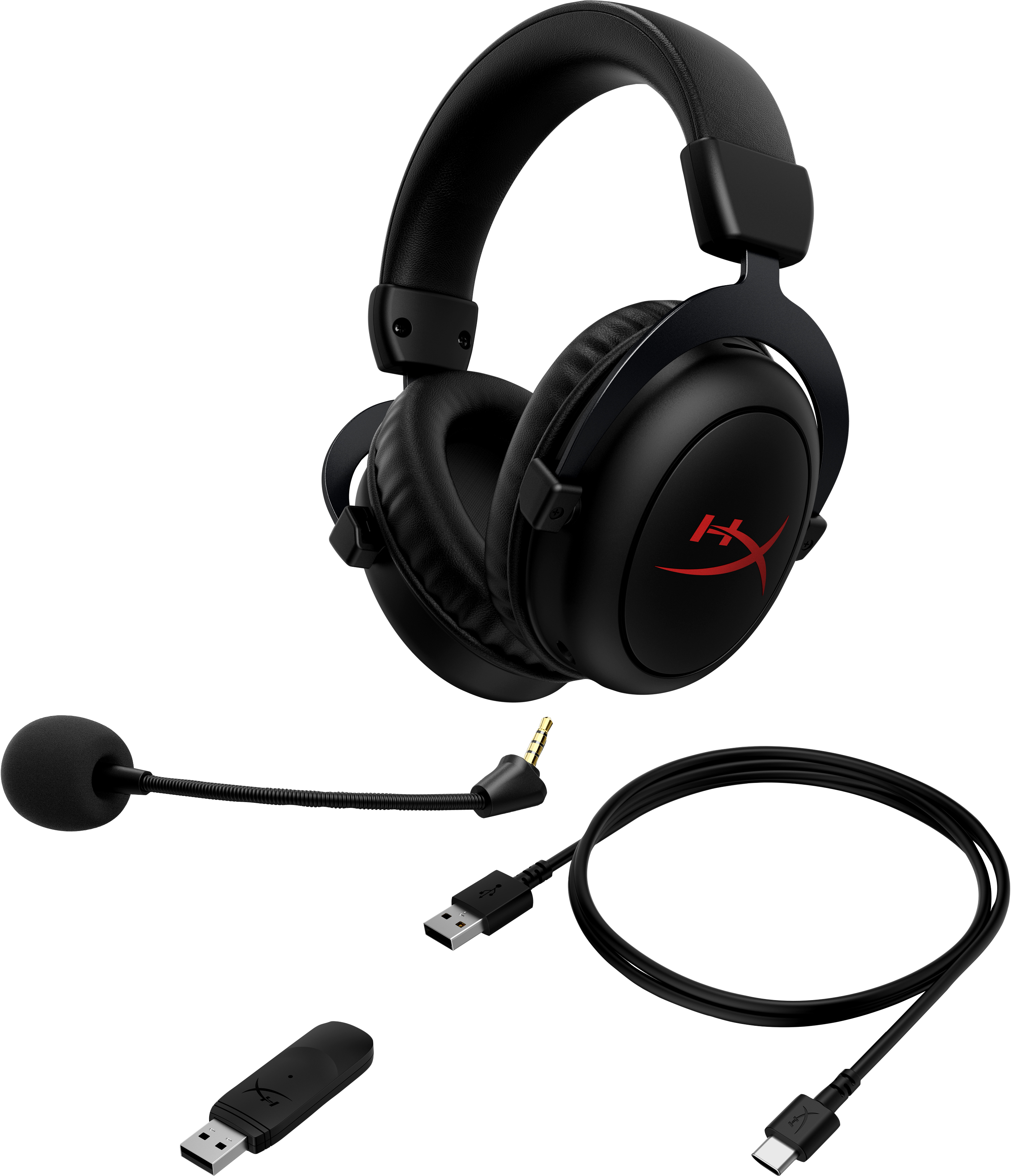 Cuffie gaming nere e accessori su sfondo bianco. Include microfono, adattatori USB e cavo.