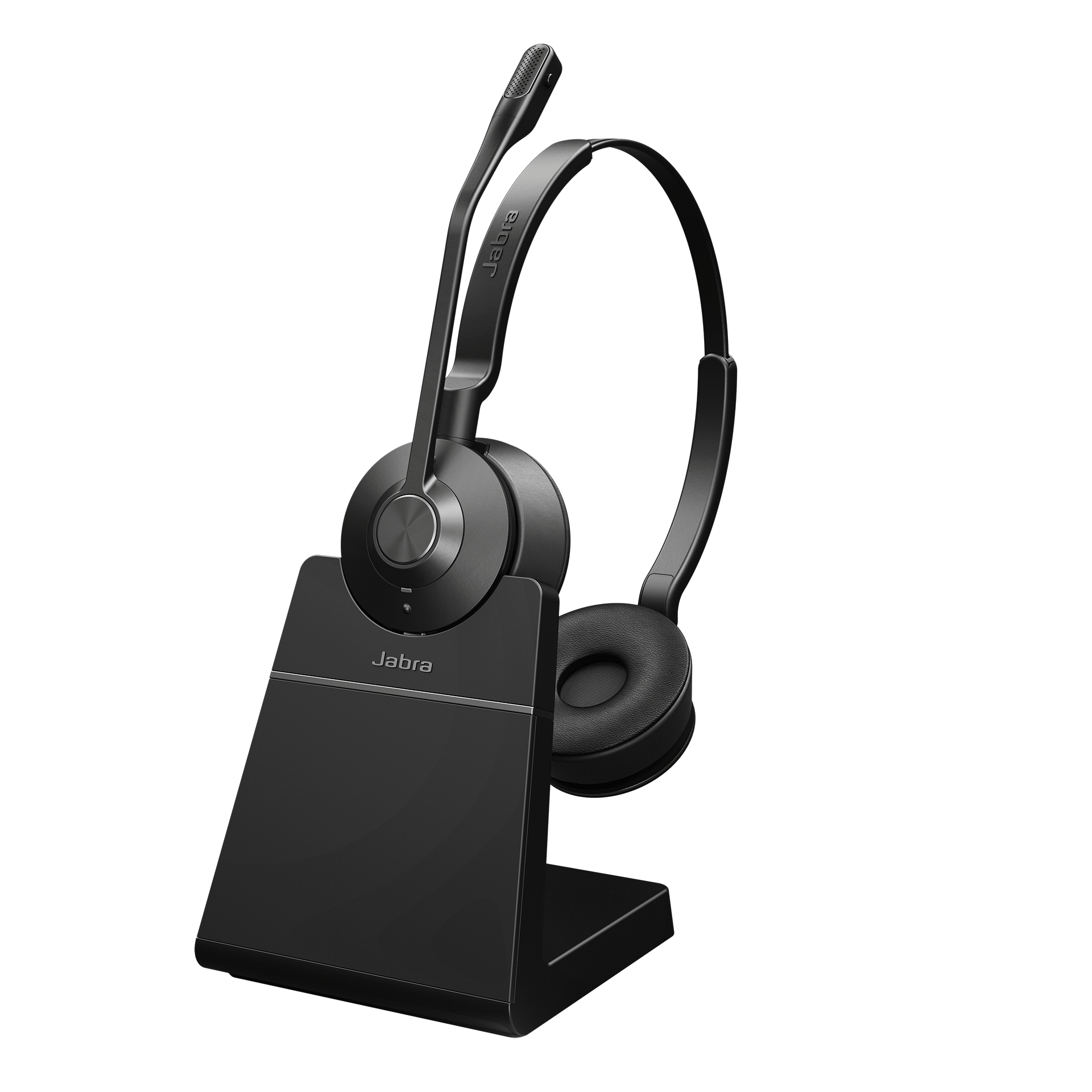 Auriculares negros con micrófono y base de carga.