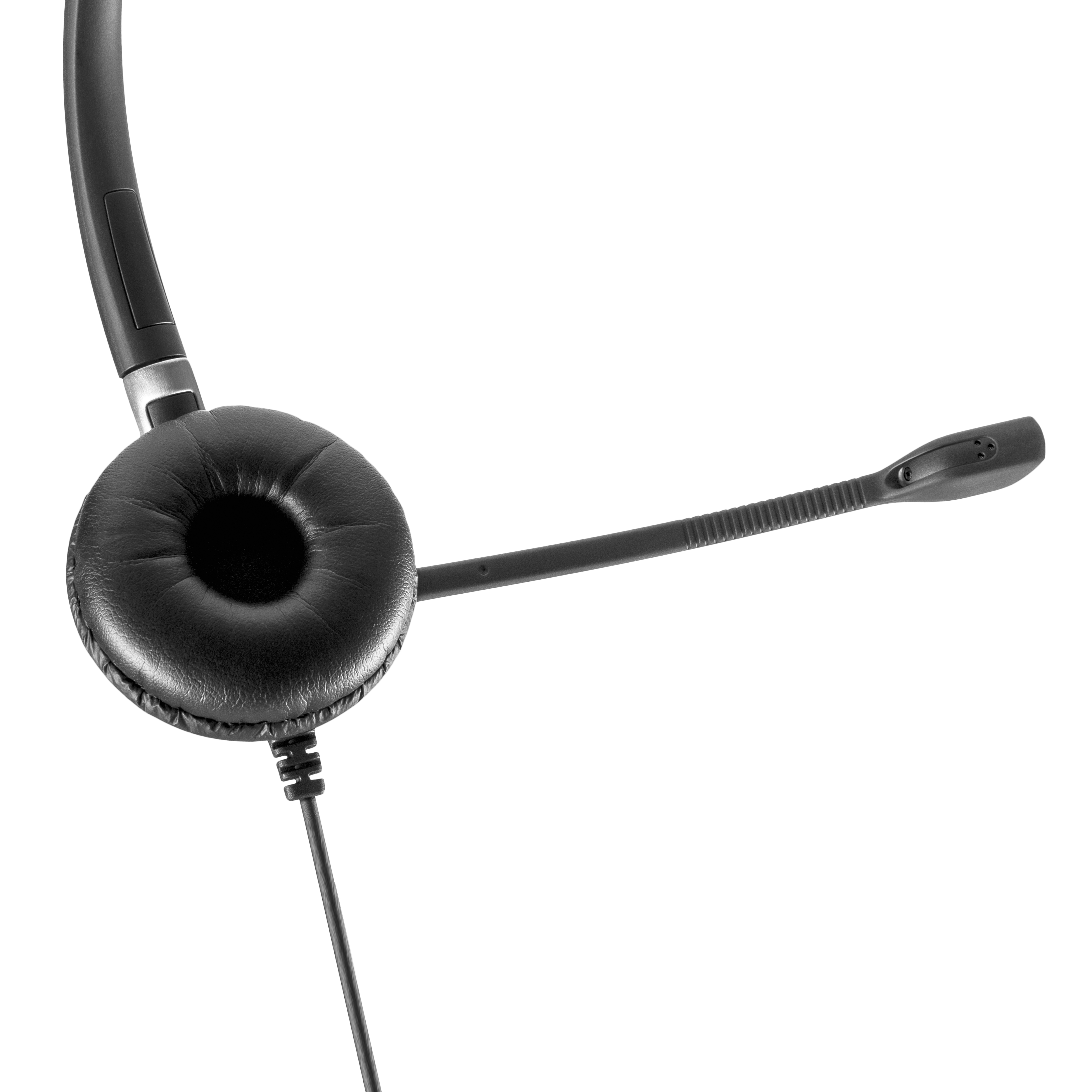 Black headset with a single earcup and a microphone on a white background.