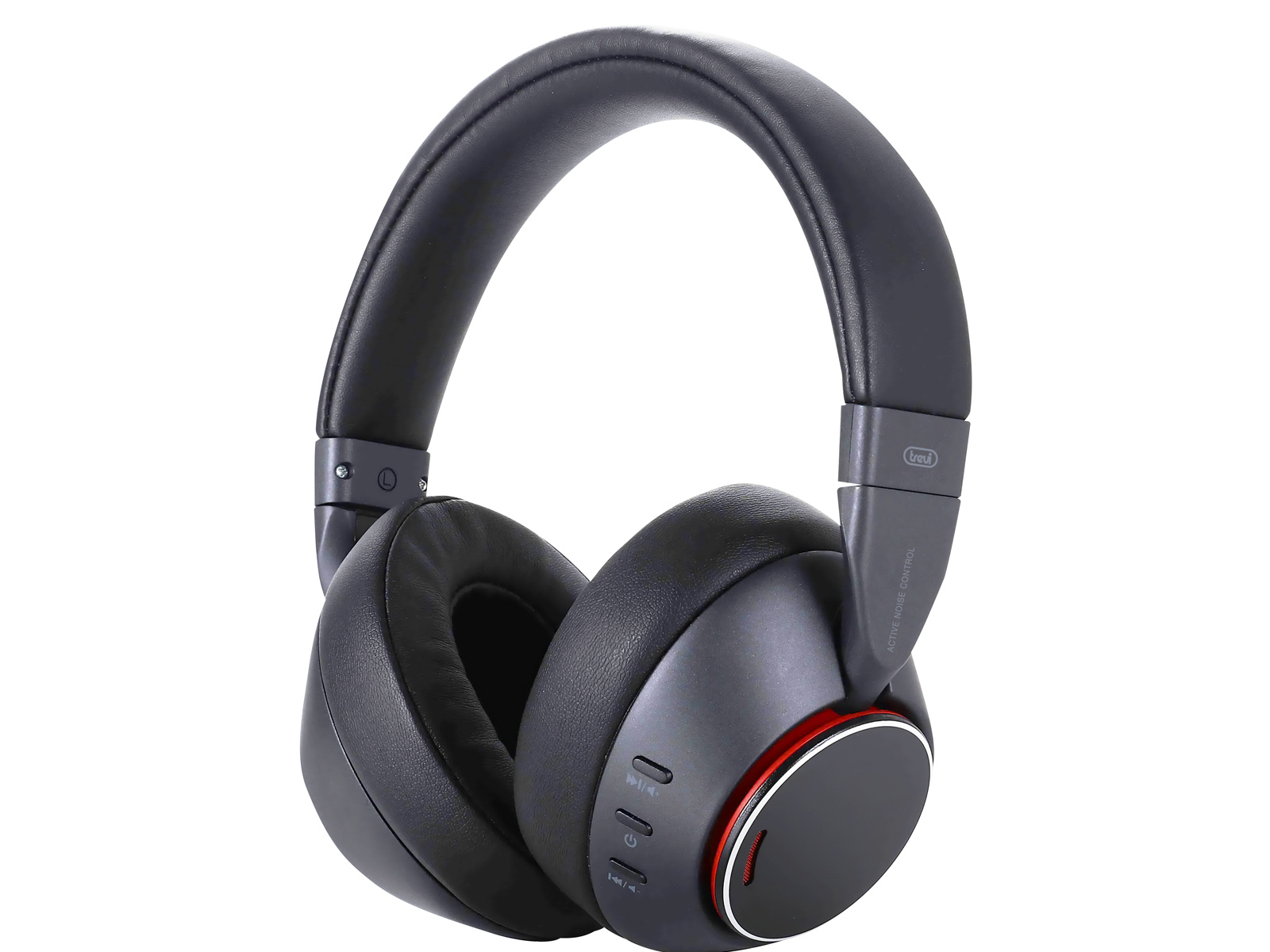 Zwarte koptelefoon, met rode accenten op de oorschelpen. Active Noise Control staat erop.