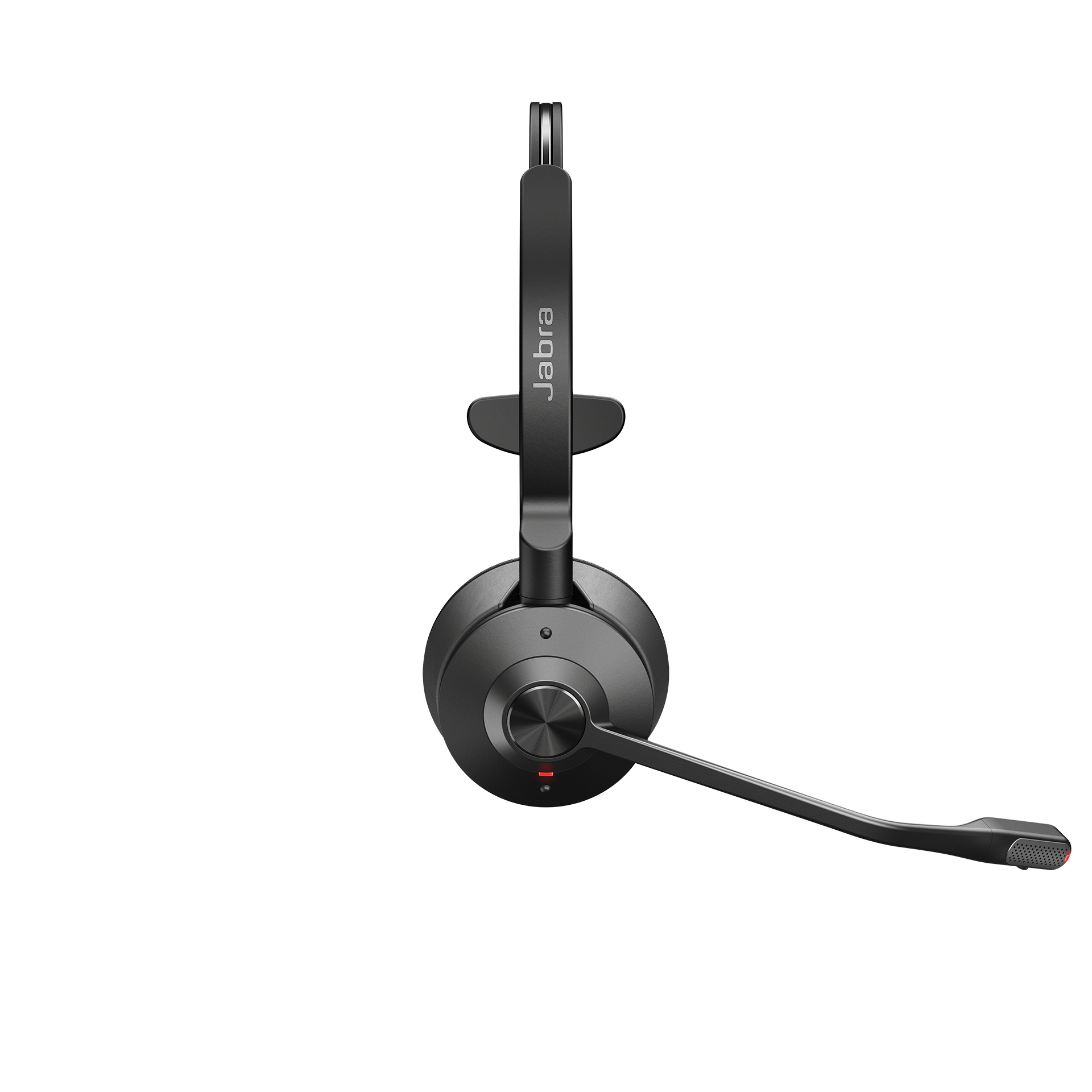 Casque noir avec bras de microphone. Fond blanc.