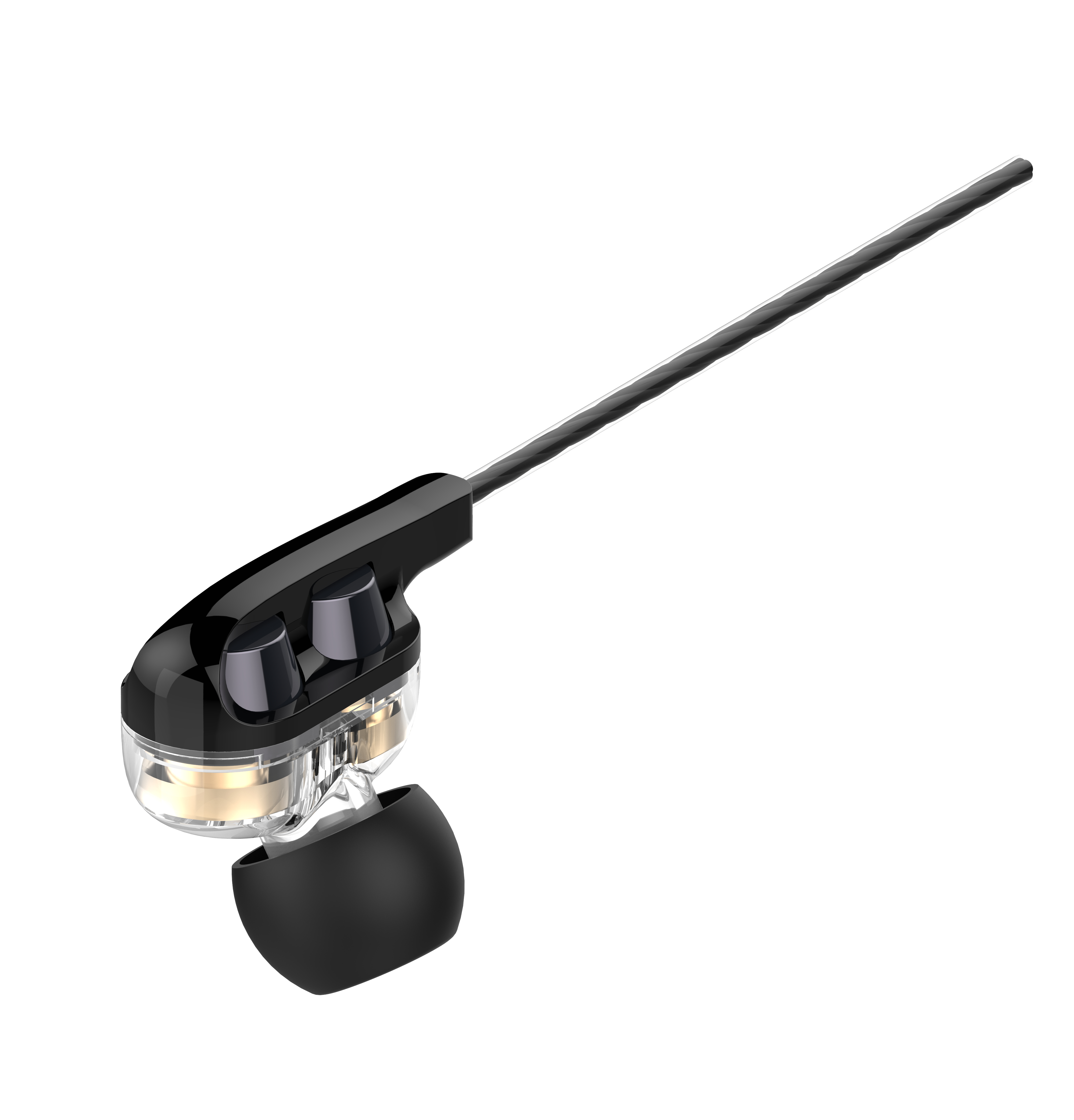 Cuffie in-ear nere e trasparenti con cavo. Isolato su bianco.