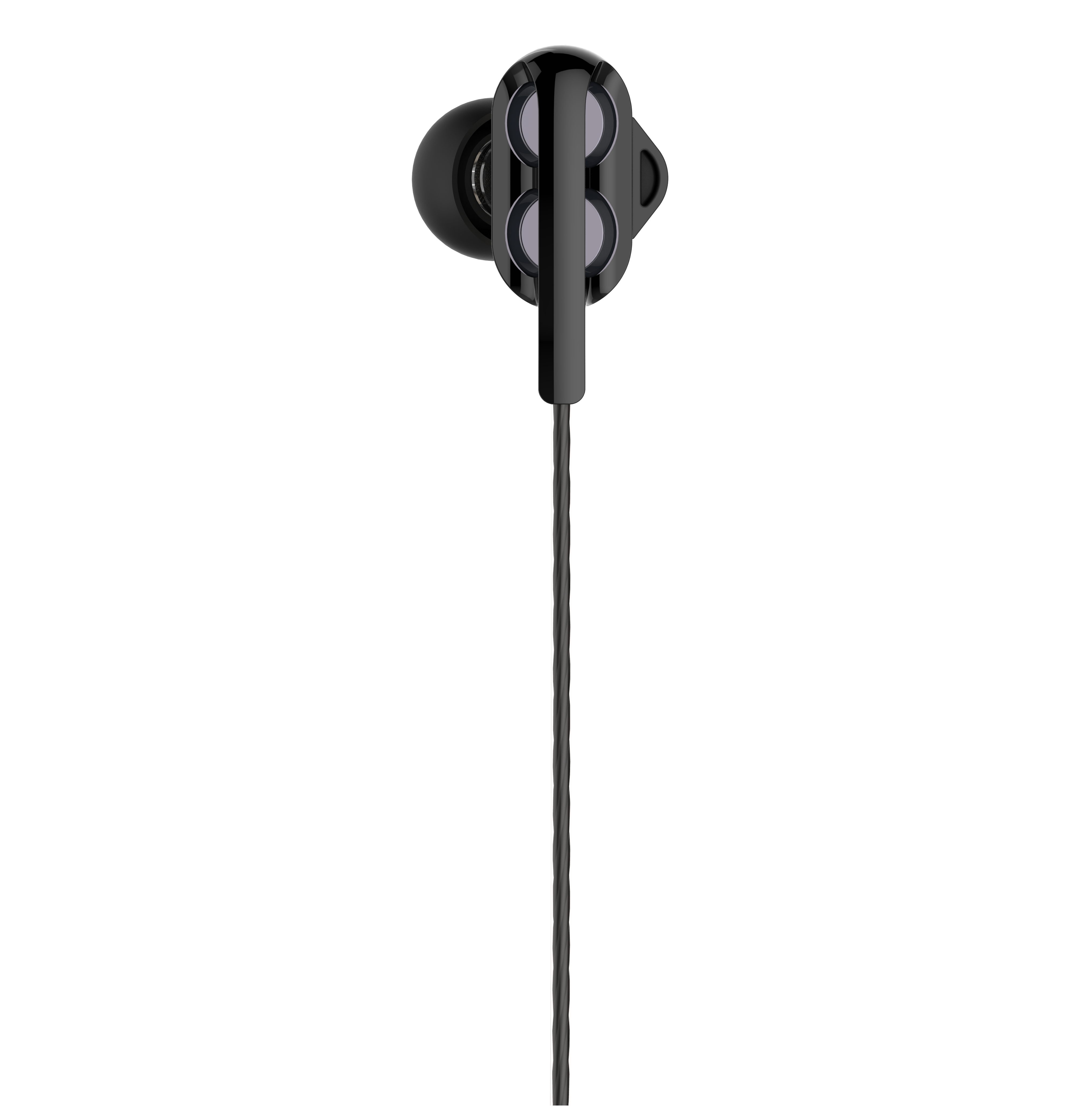 Auricolari neri con un singolo filo. Gli auricolari sono neri su sfondo bianco.