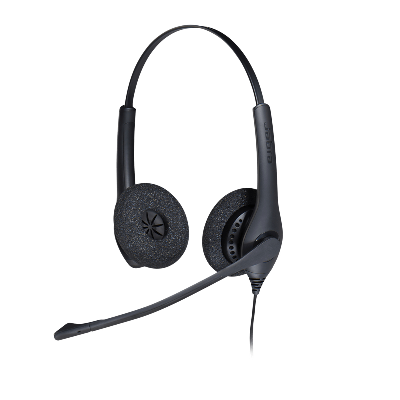 Casque Jabra noir avec deux écouteurs et un microphone. Le casque est sur fond blanc.