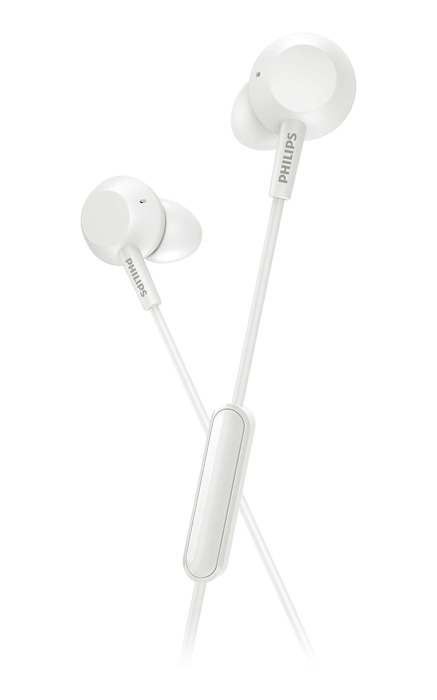 Beyaz kablolu ve Philips markalı beyaz kulak içi kulaklıklar.