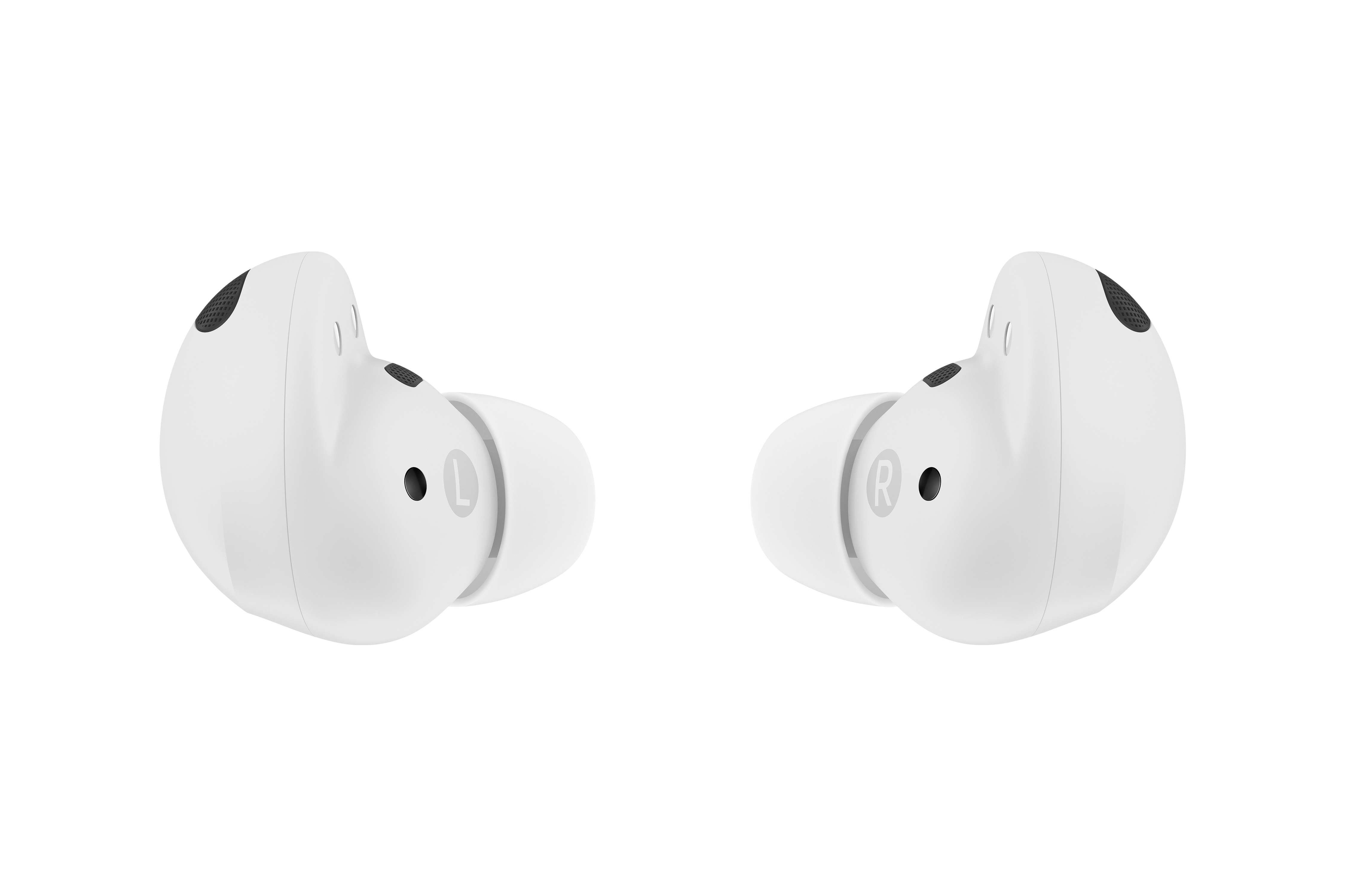 Dwa białe słuchawki, jeden z L, jeden z R. Oba mają czarne kropki, na białym tle.