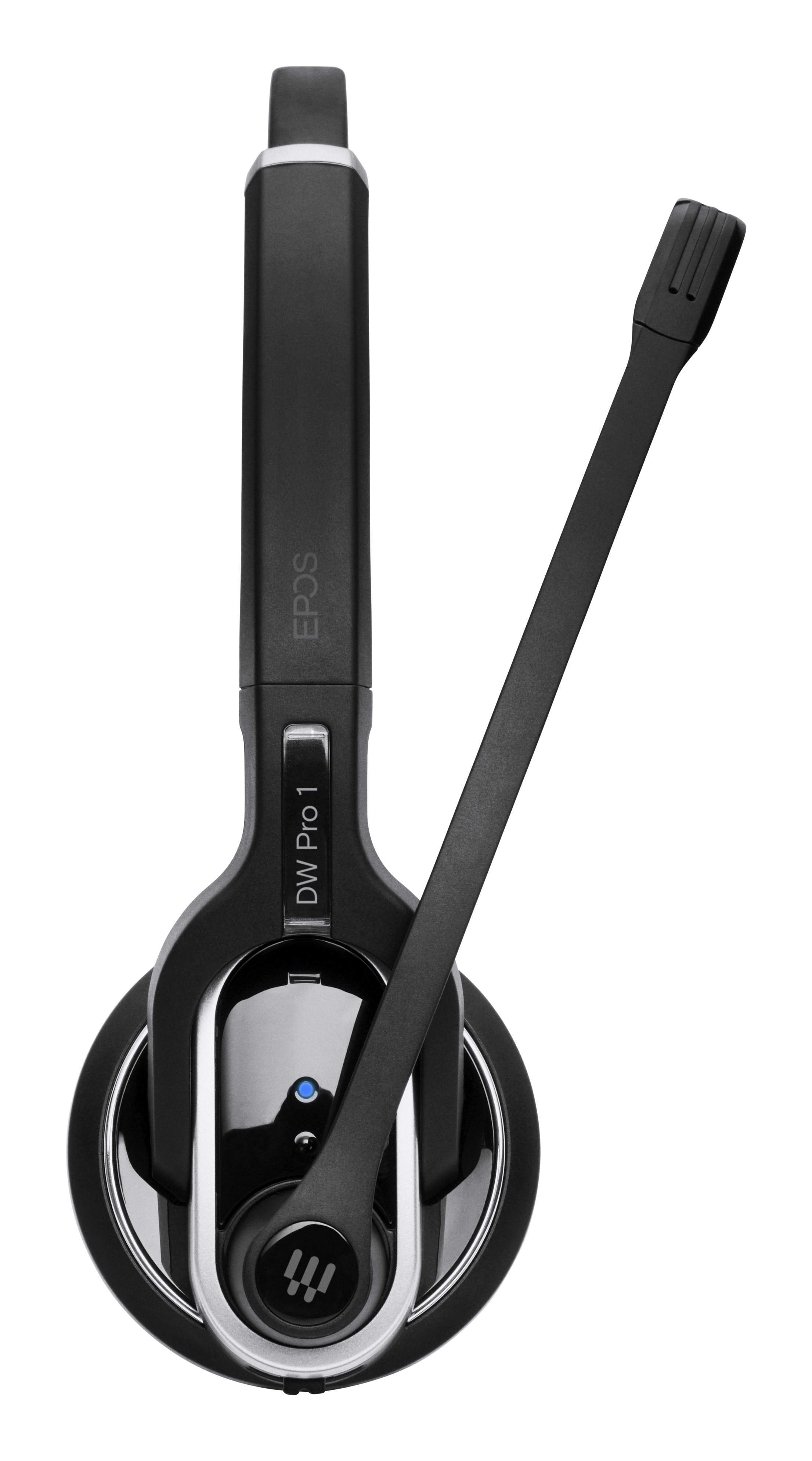 Casque EPOS noir et argent avec micro-perche. Vue latérale sur fond blanc.