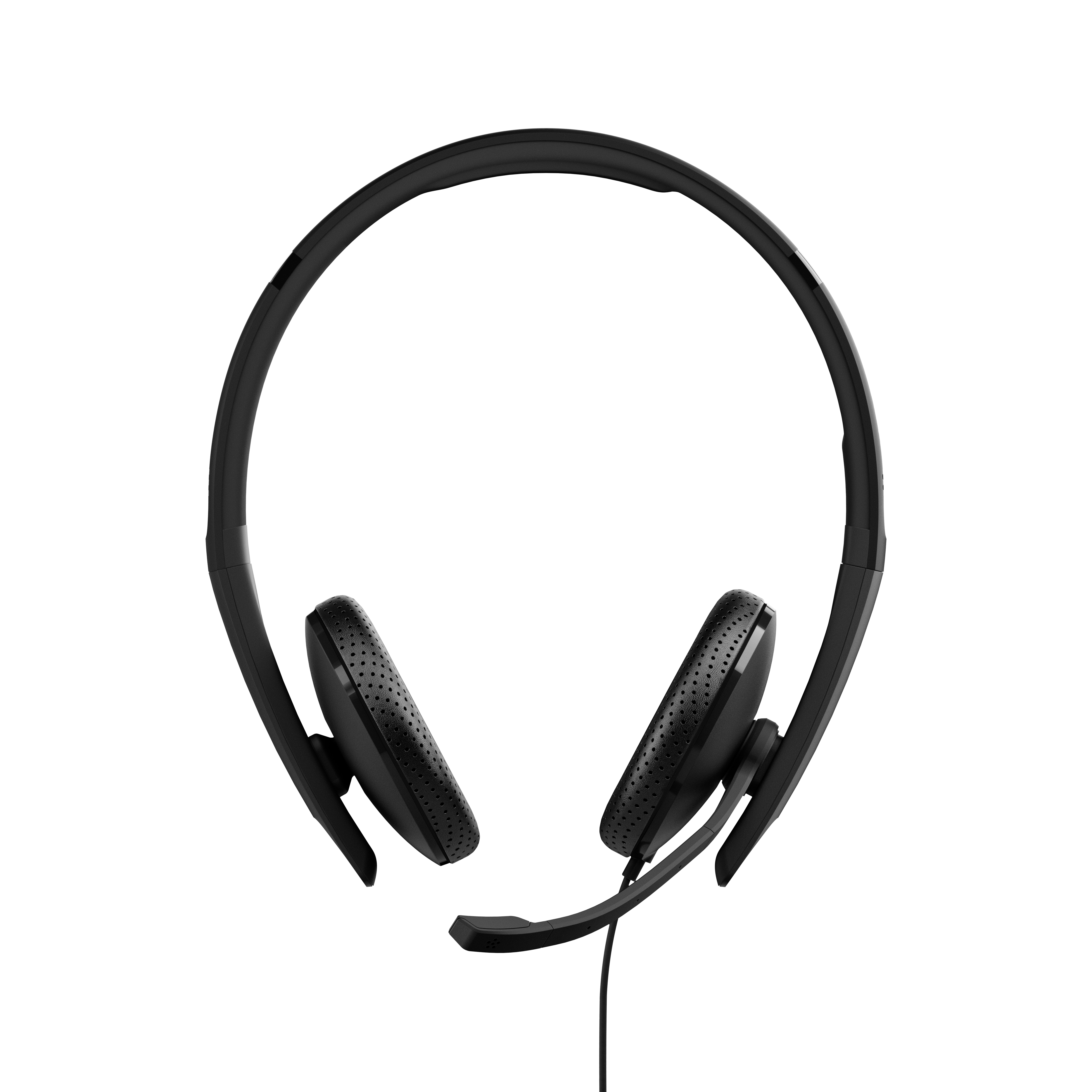 Schwarzes Headset mit zwei Ohrmuscheln und einem Mikrofon auf weißem Hintergrund.