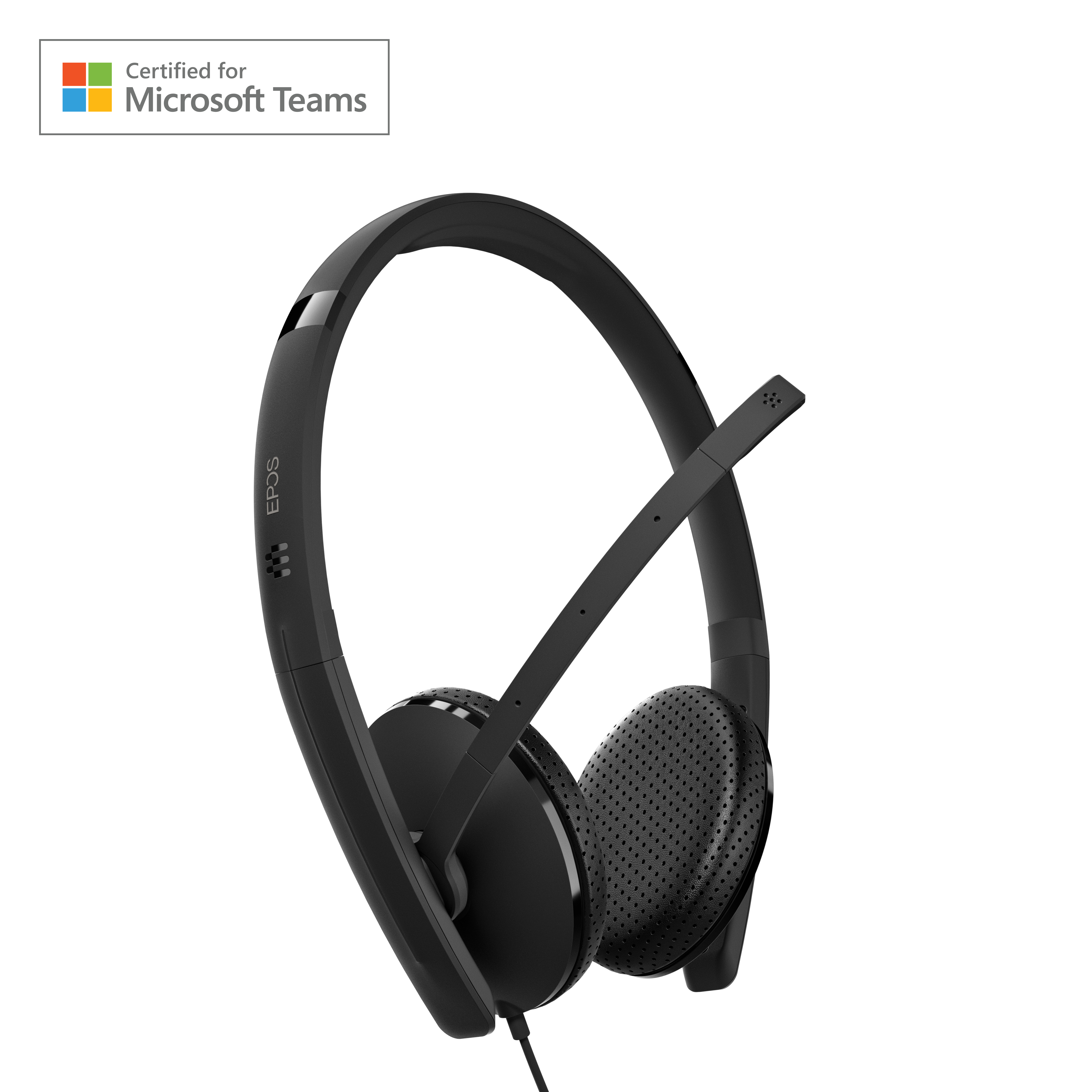 Schwarzes Headset mit Mikrofon, zertifiziert für Microsoft Teams, auf weißem Hintergrund.
