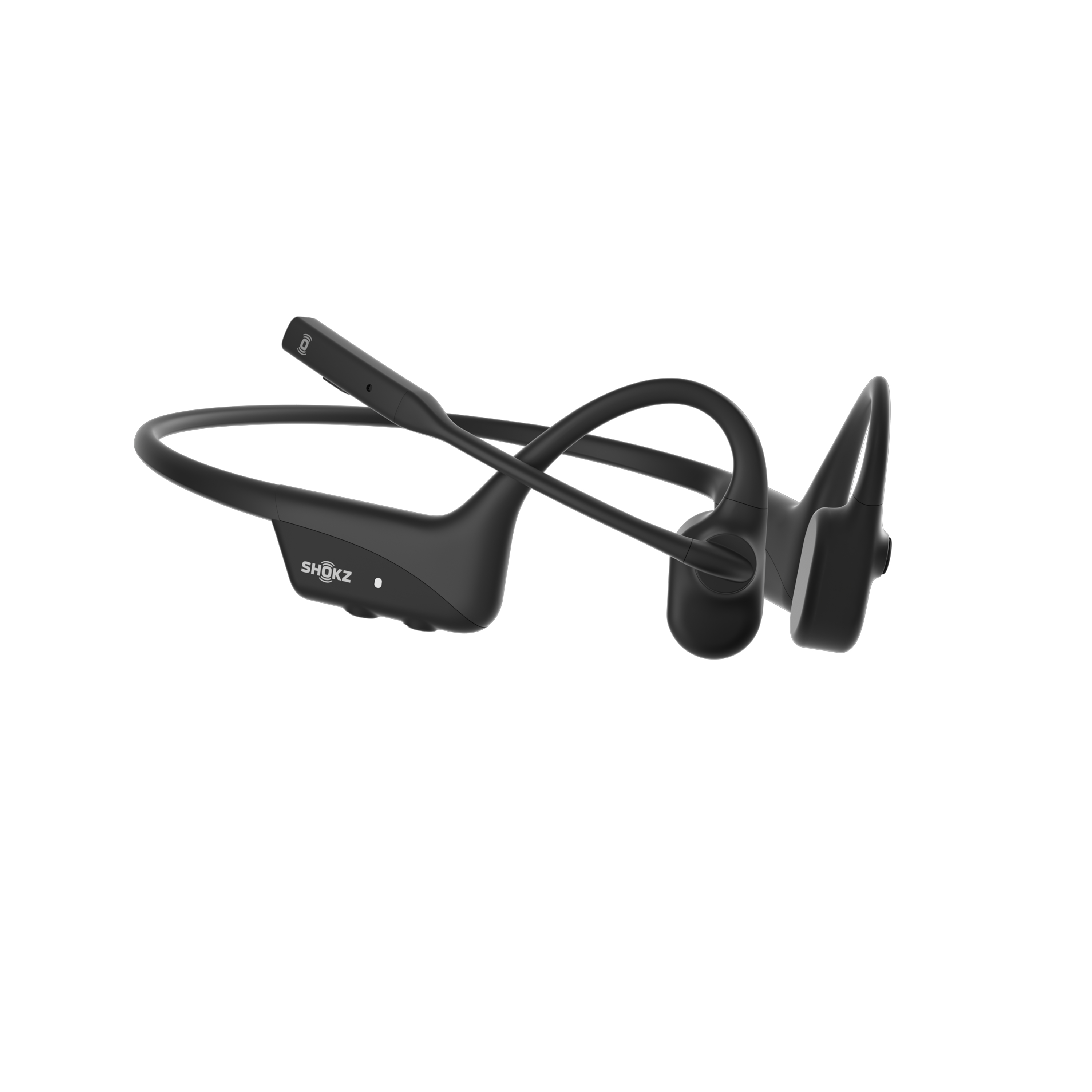 Cuffie a conduzione ossea Shokz nere. Si avvolgono attorno alla testa e poggiano sugli zigomi.