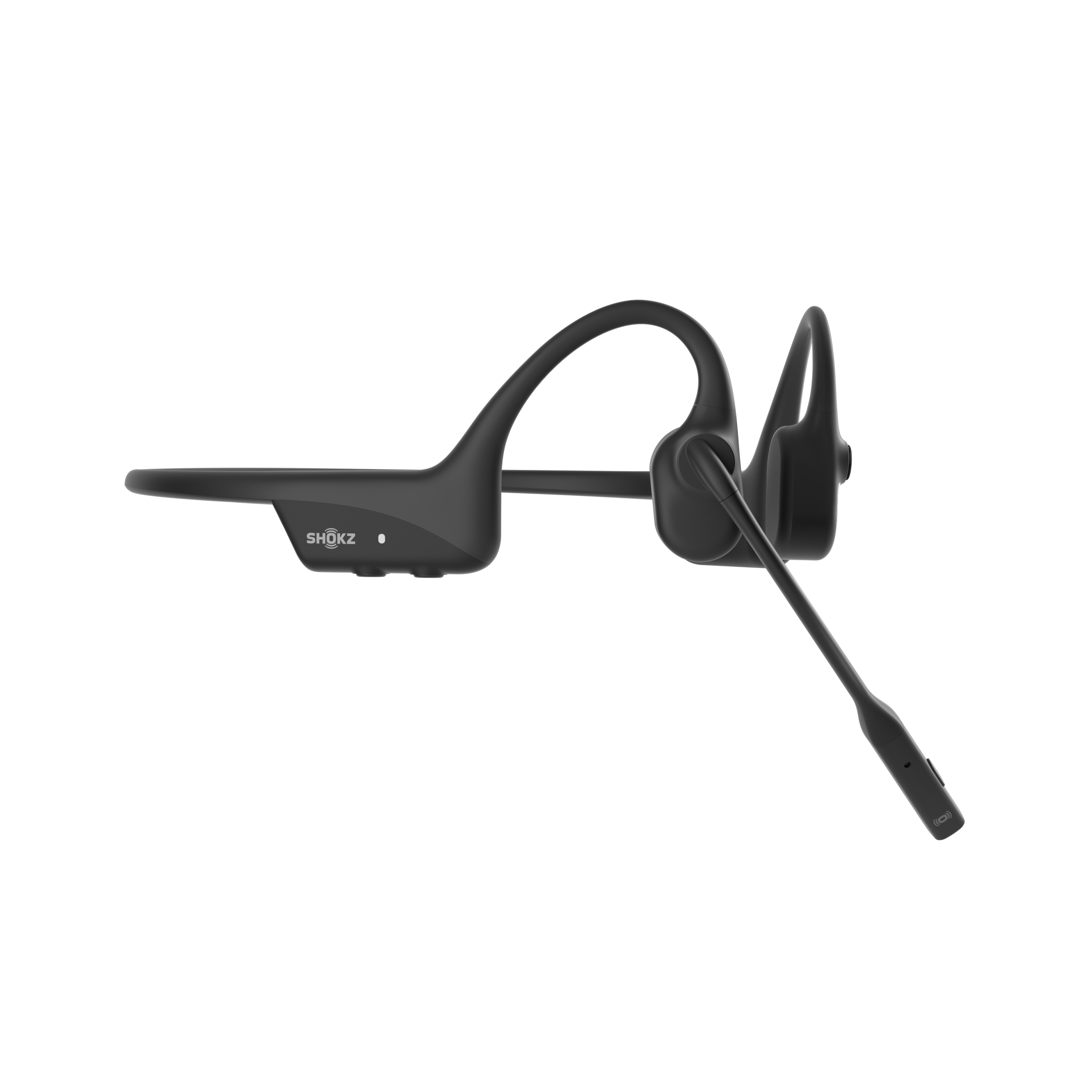 Cuffie nere con microfono, logo Shokz, sfondo bianco.