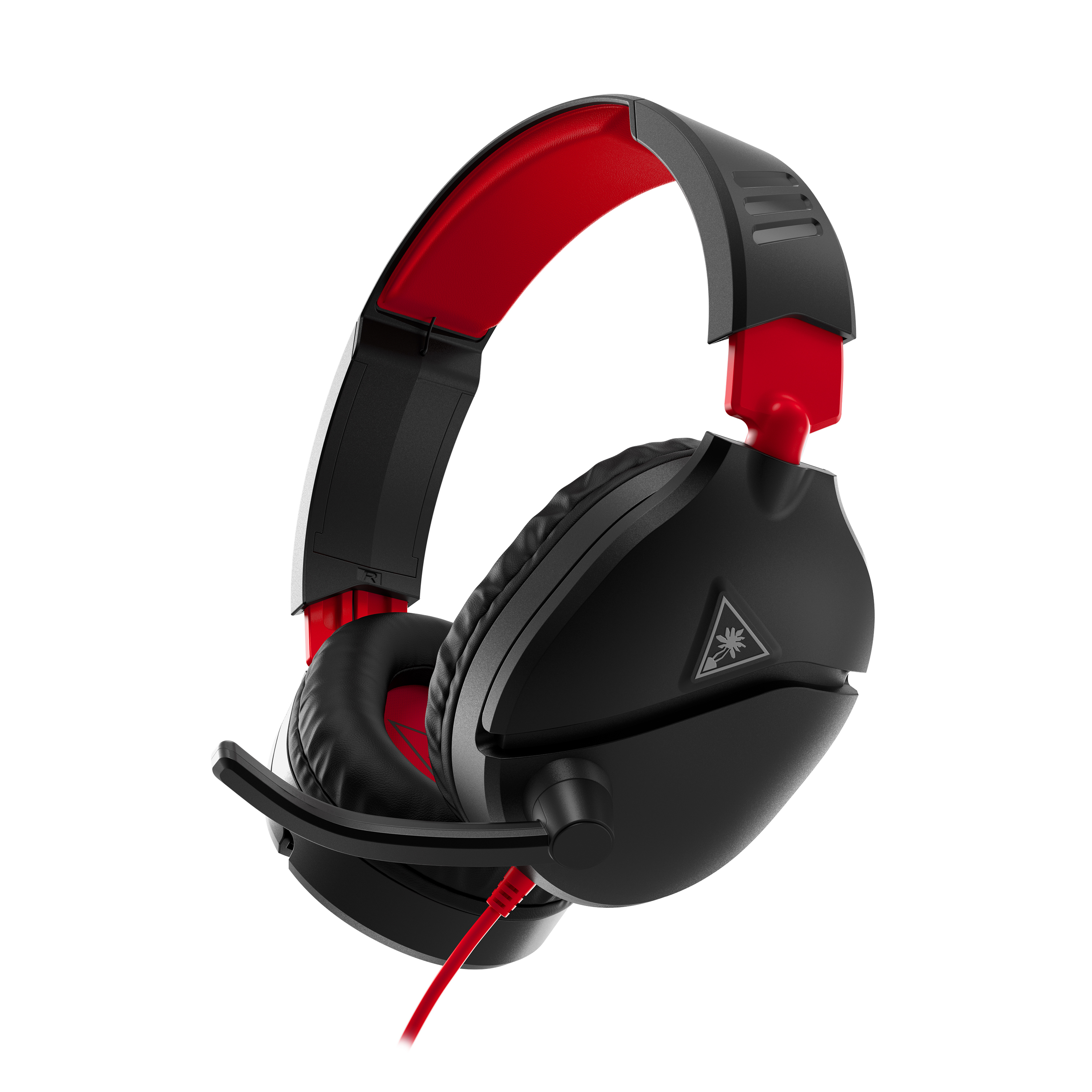 Schwarz-rotes Gaming-Headset mit Mikrofon. Die Ohrmuscheln sind abgewinkelt. Weißer Hintergrund.