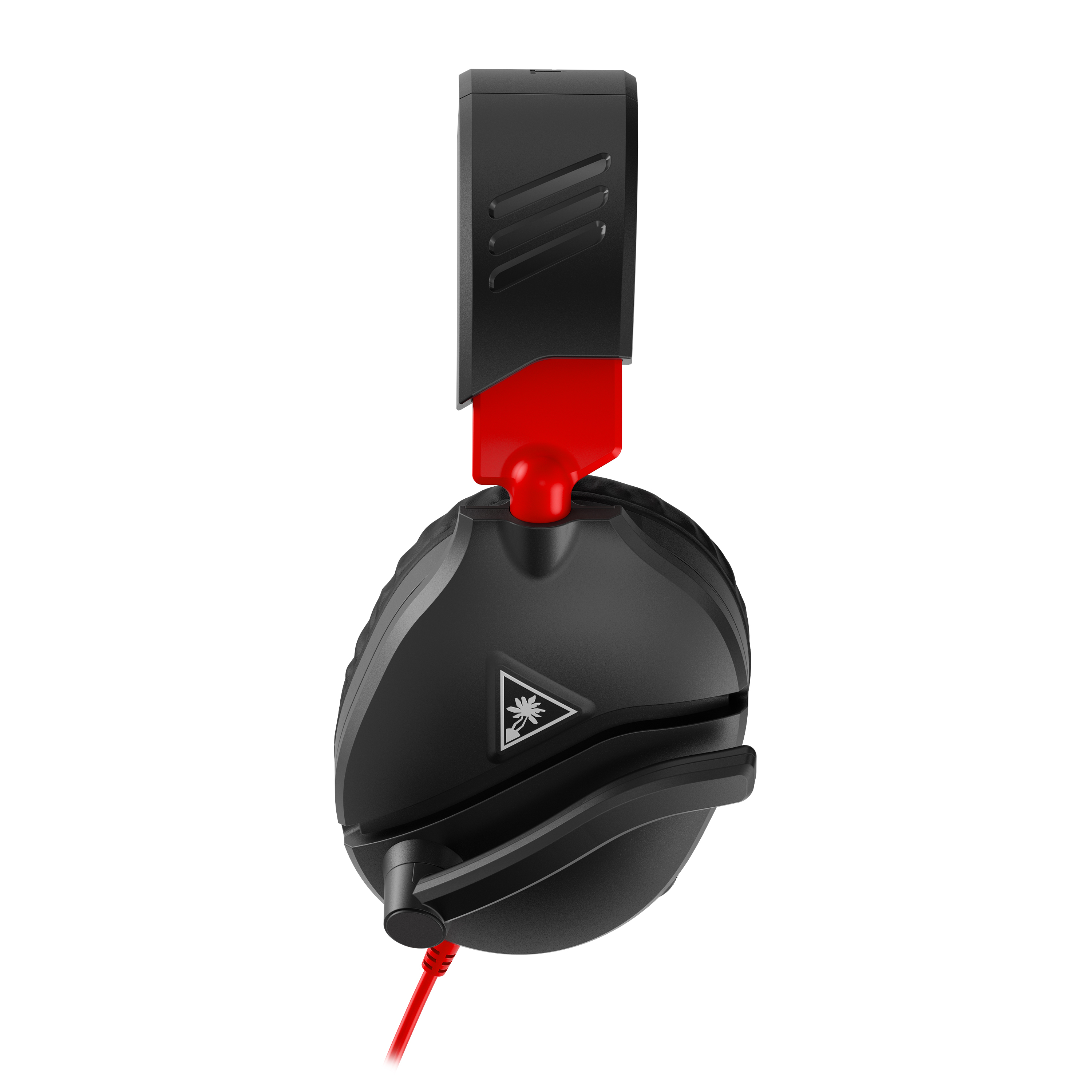 Schwarzes und rotes Gaming-Headset. Rotes Kabel und Mikrofon. Isoliert auf weißem Hintergrund.