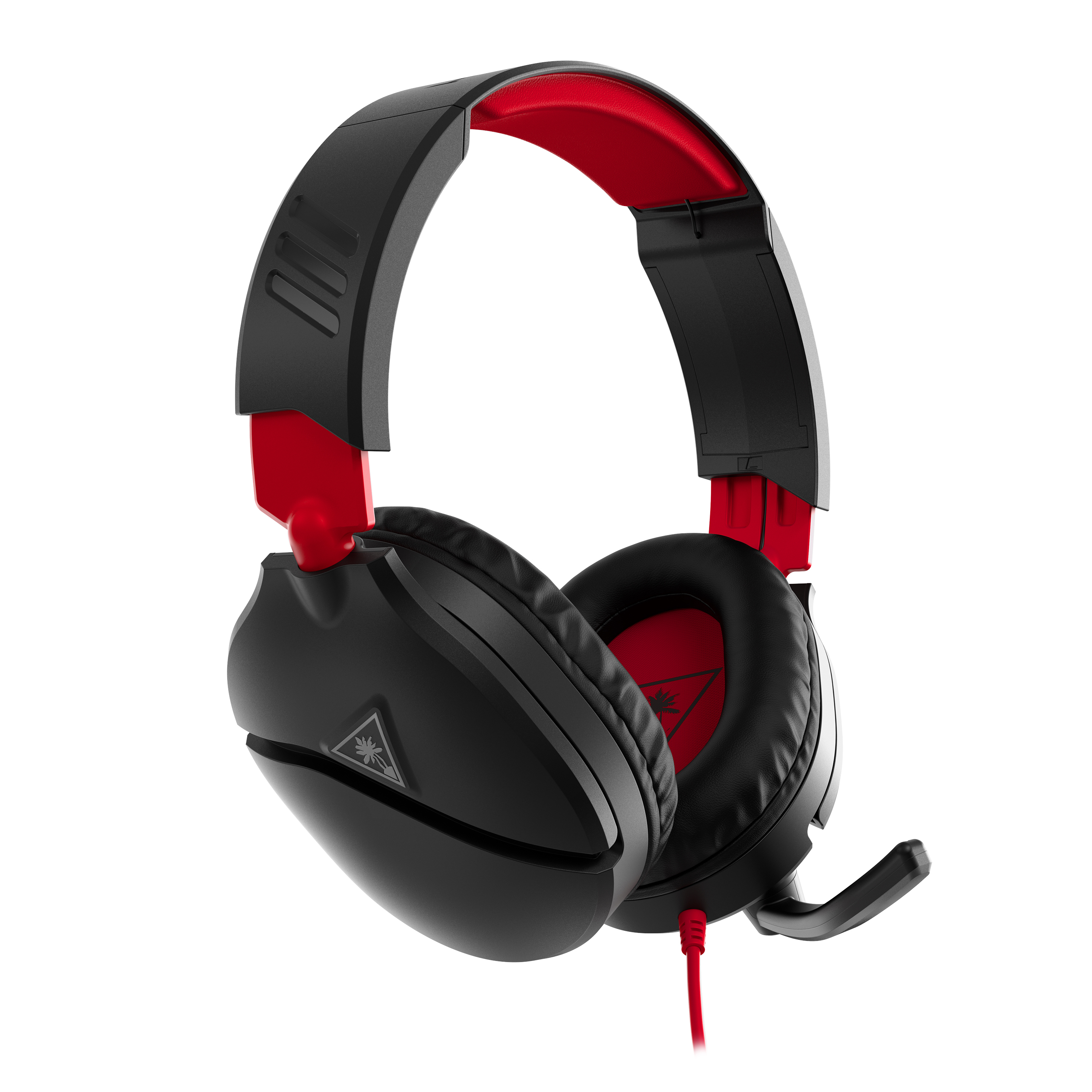 Schwarzes und rotes Gaming-Headset mit Mikrofon. Es hat ein rotes Kabel.