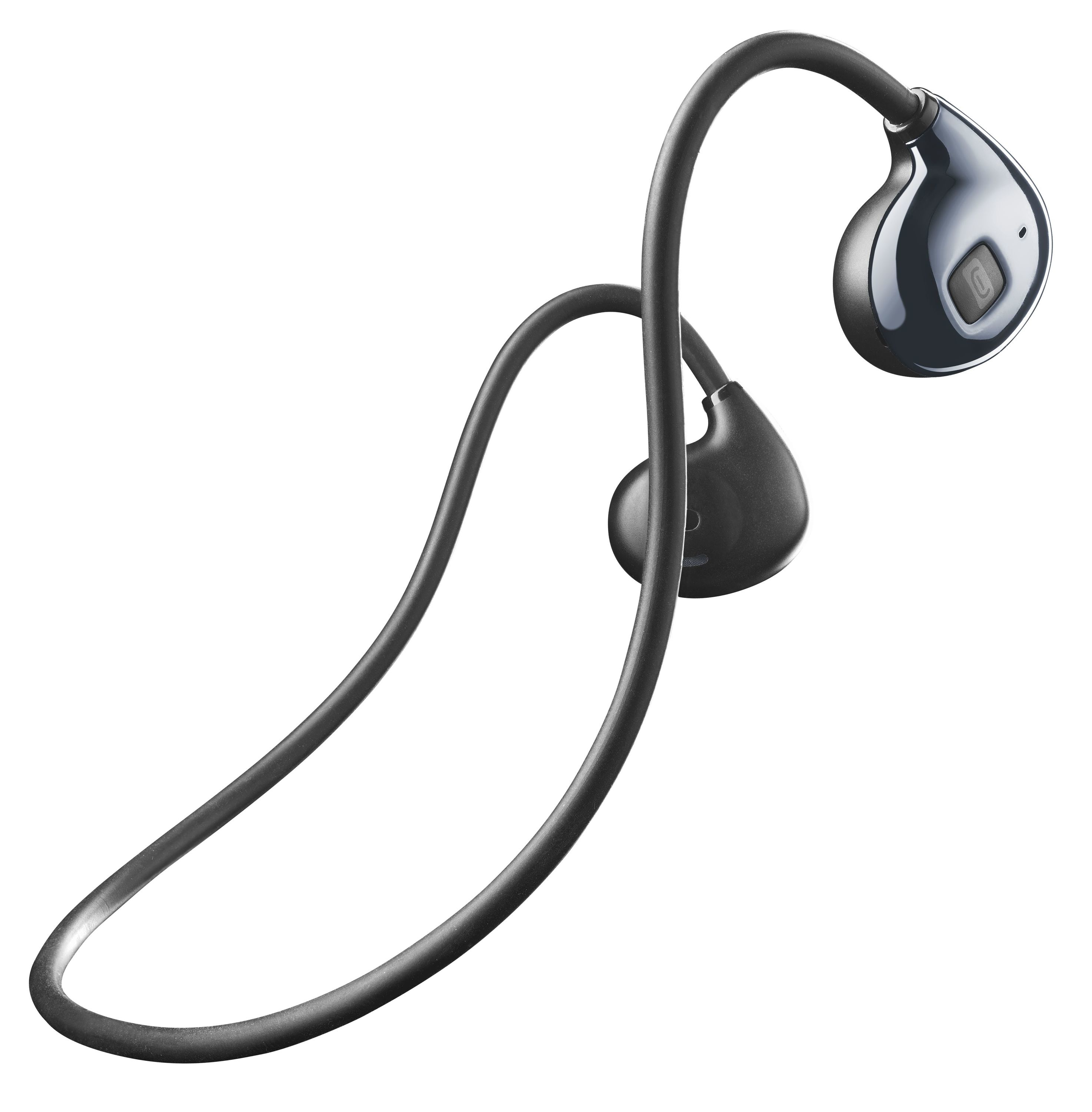 Auriculares de diadema negros sobre un fondo blanco. Los auriculares están curvados.