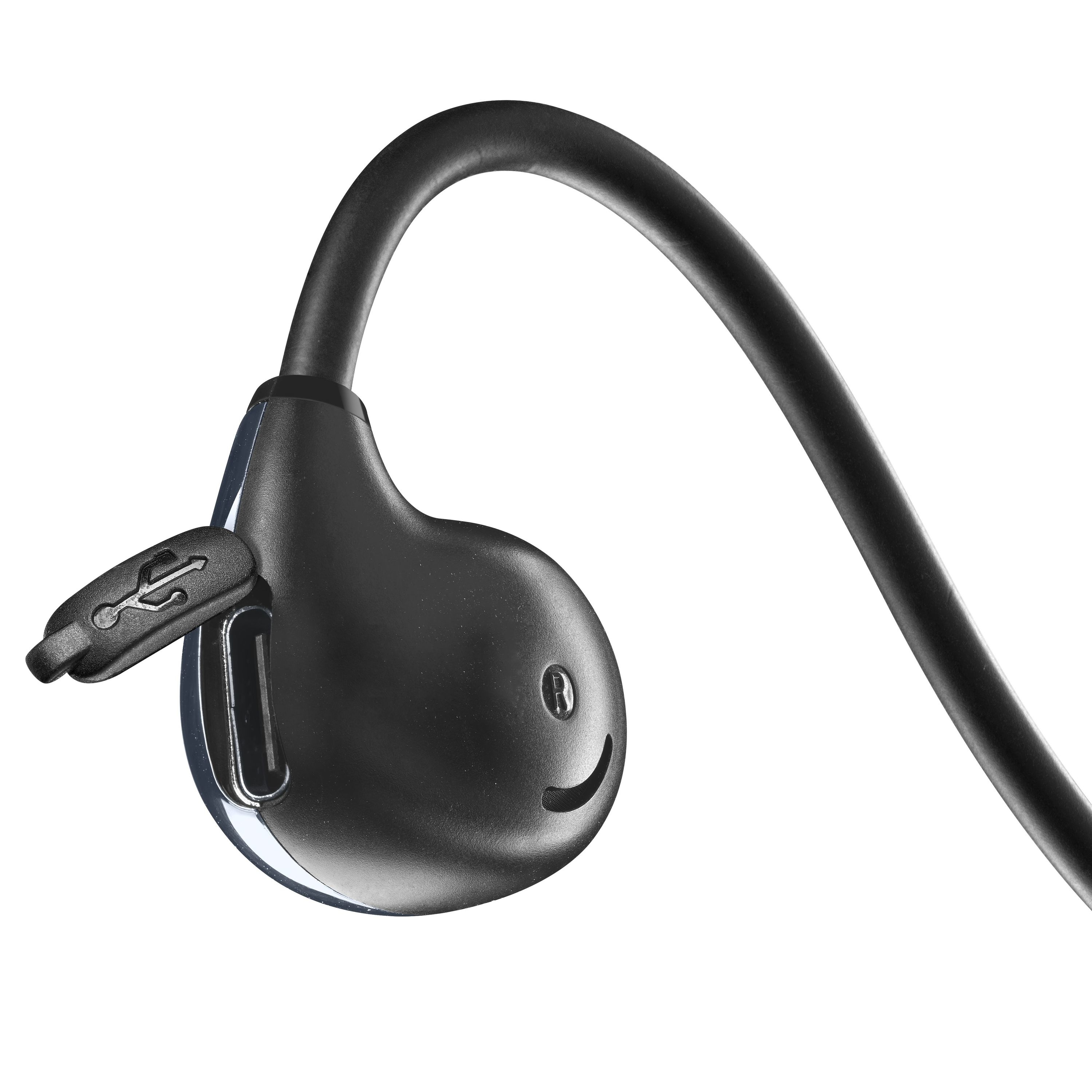 Auricular negro con puerto USB-C. El auricular tiene un diseño de sonrisa. Puerto USB-C en el lateral.