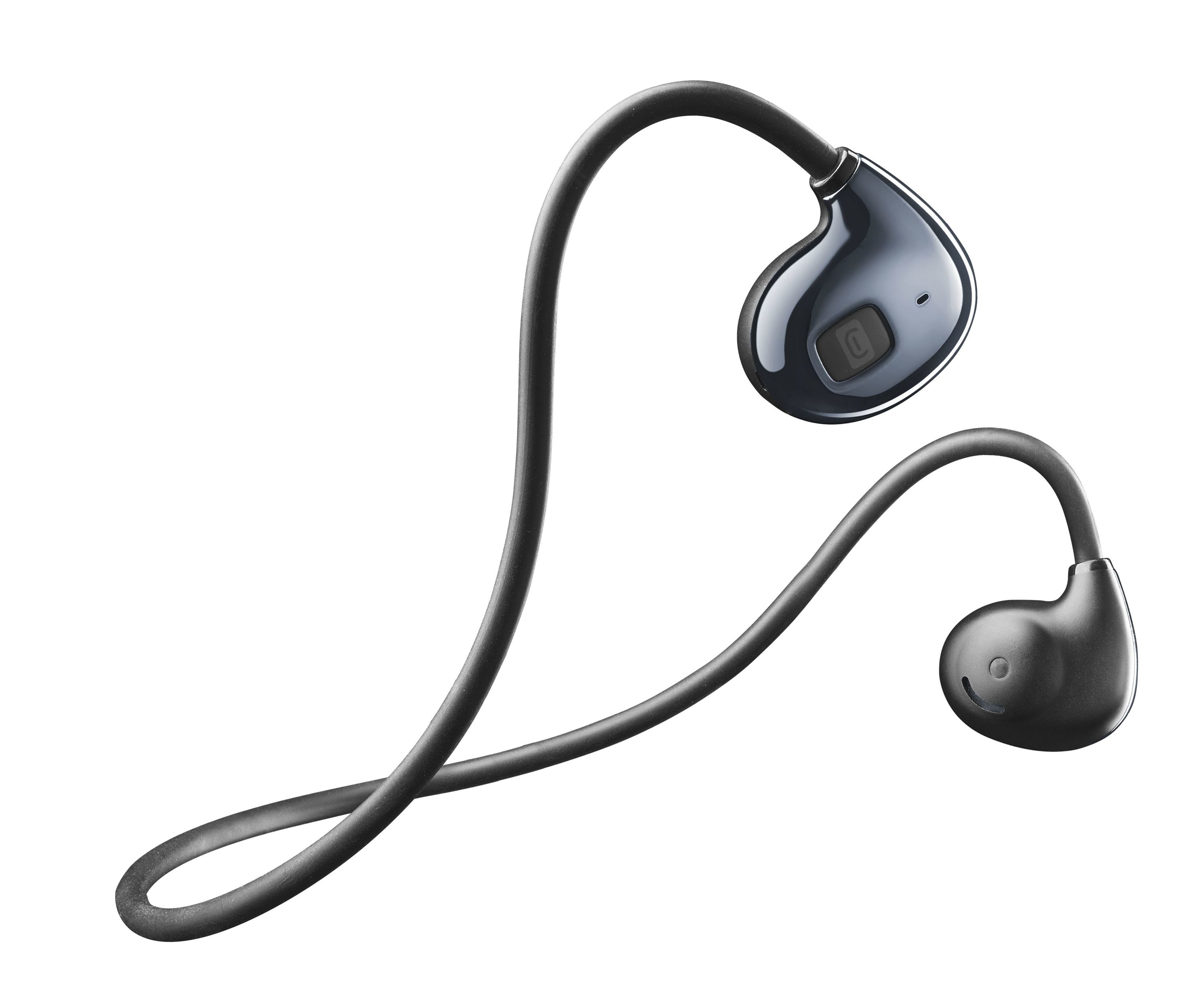 Auriculares inalámbricos negros con diadema flexible. Están sobre un fondo blanco.