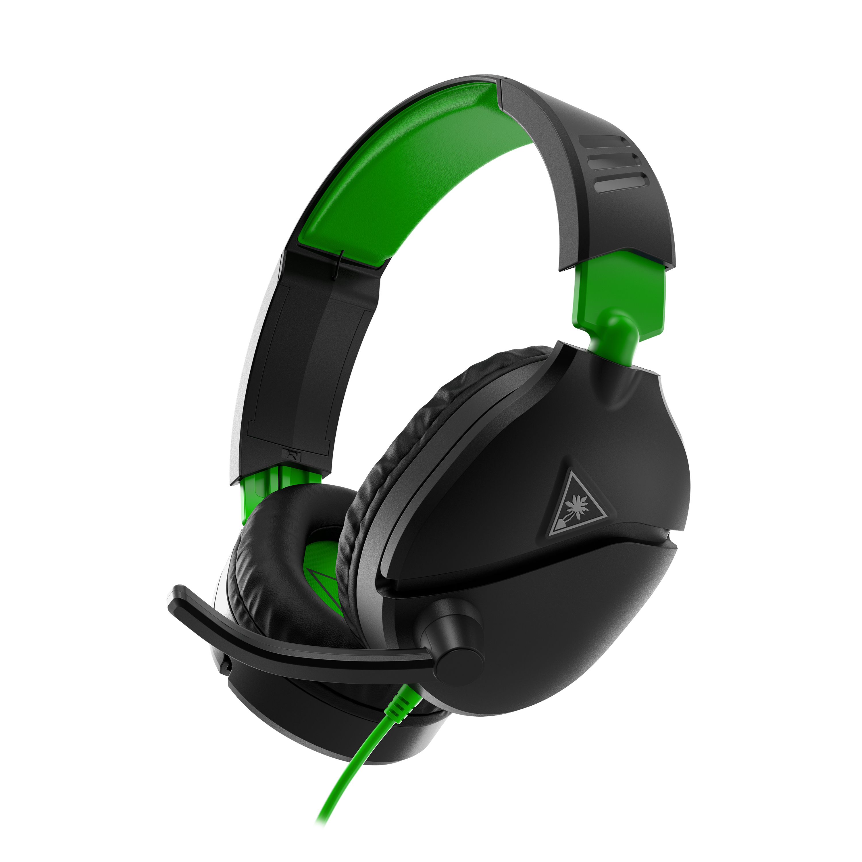 Schwarzes und grünes Gaming-Headset. Grünes Stirnband und Kabel. Weißer Hintergrund.