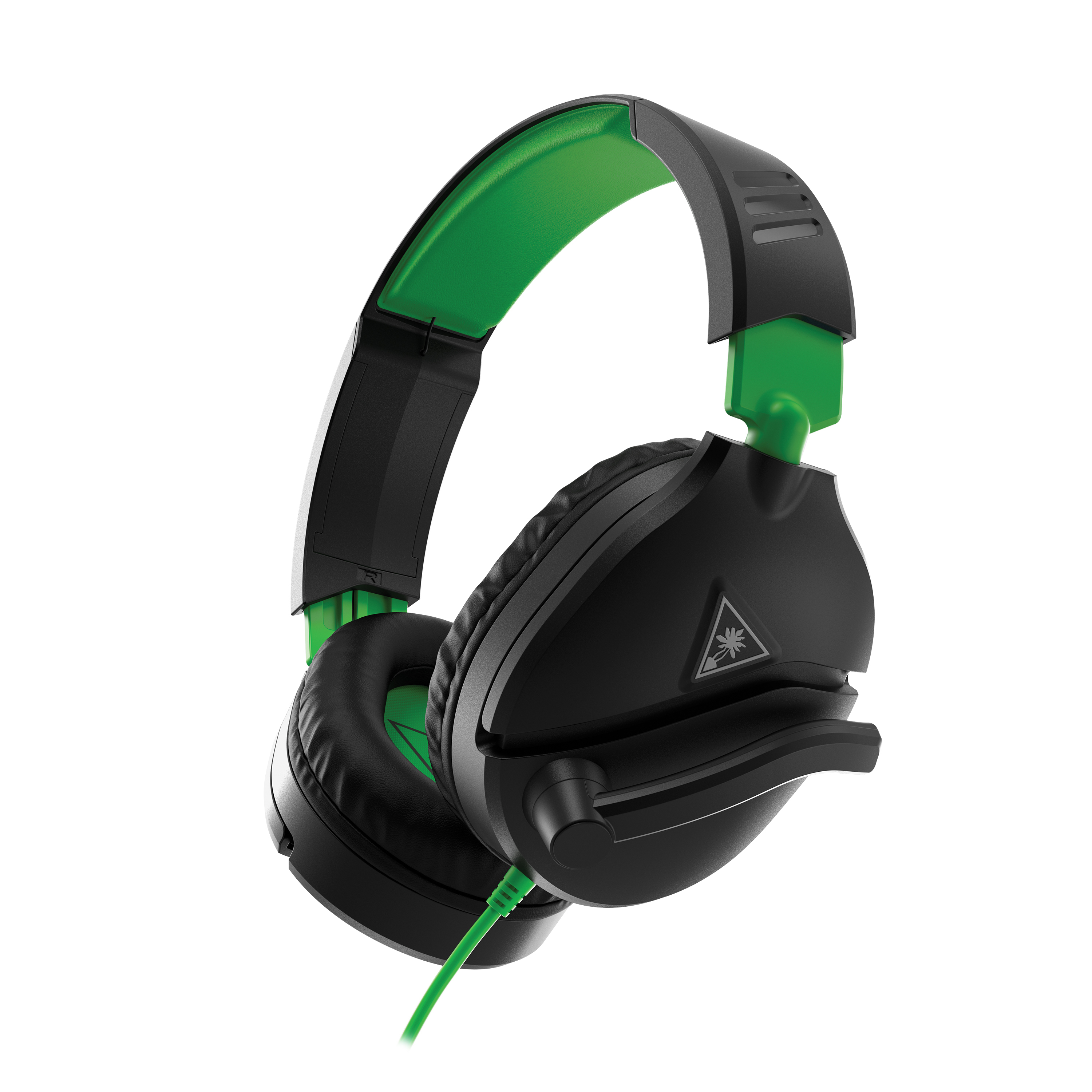 Grüne und schwarze Turtle Beach Gaming-Kopfhörer auf weißem Hintergrund. Die Kopfhörer haben ein Mikrofon.