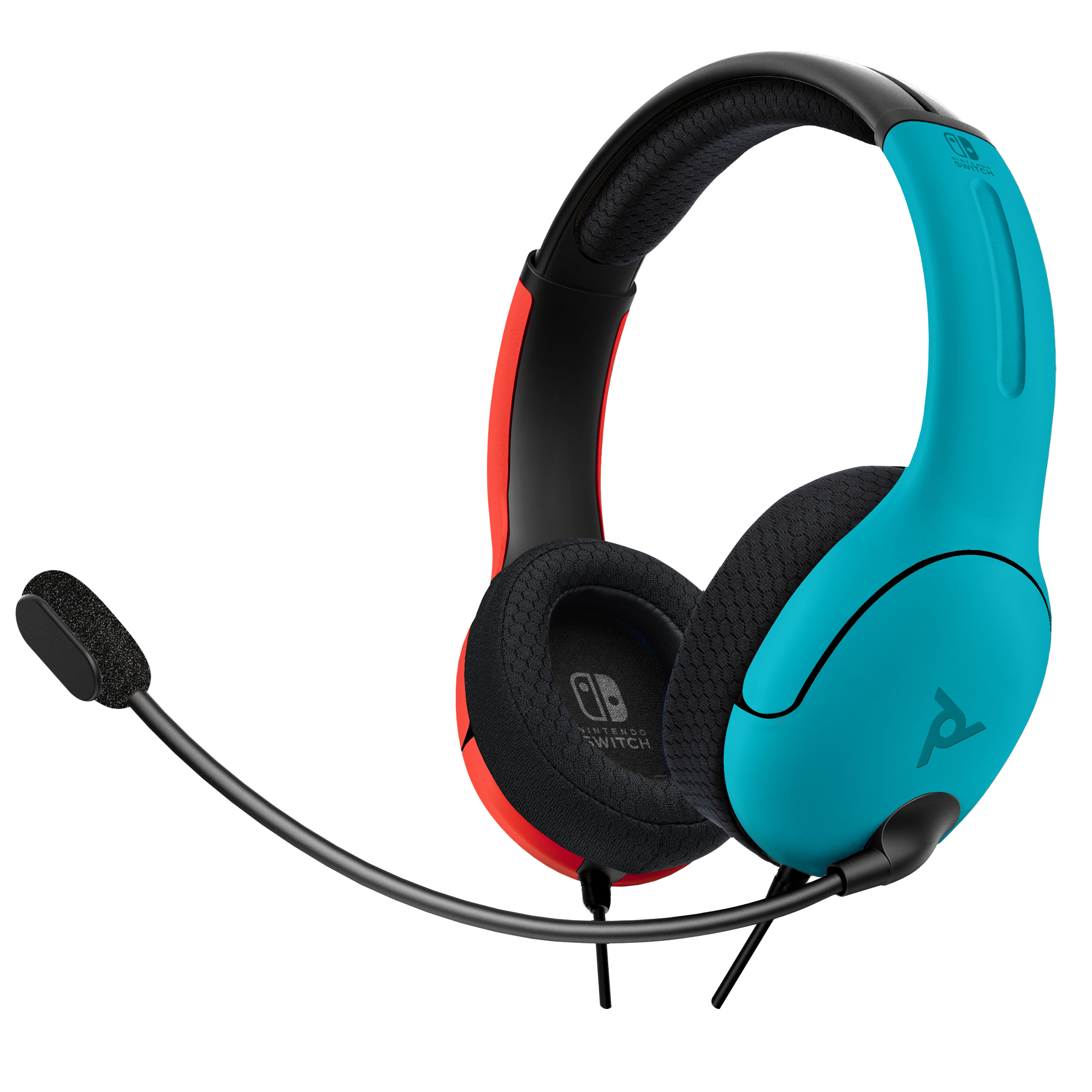 Casque de jeu turquoise et rouge avec un microphone. Fond blanc.