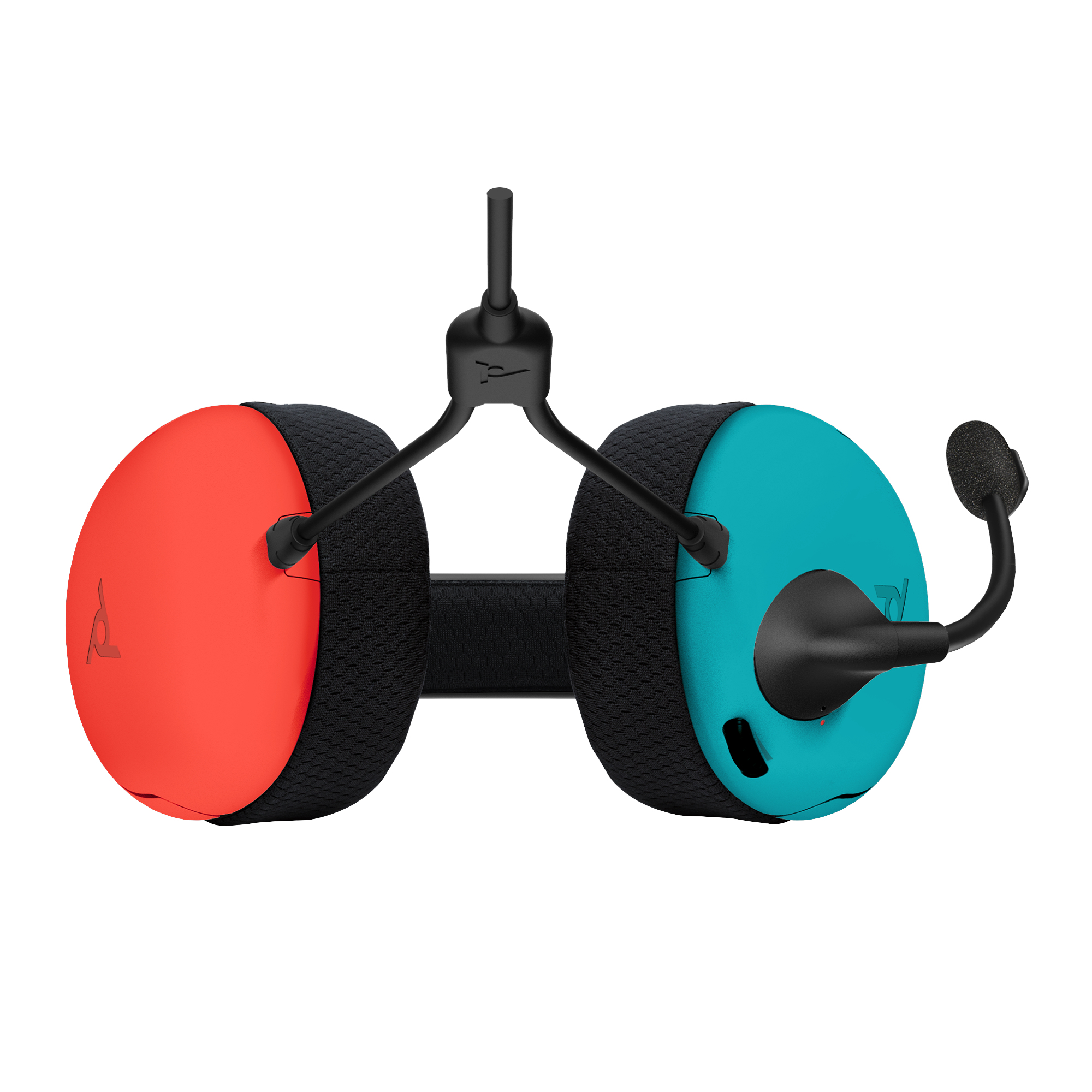 Une paire d'écouteurs de jeu avec des oreillettes rouges et bleues. Les écouteurs ont un bandeau et un micro noirs.