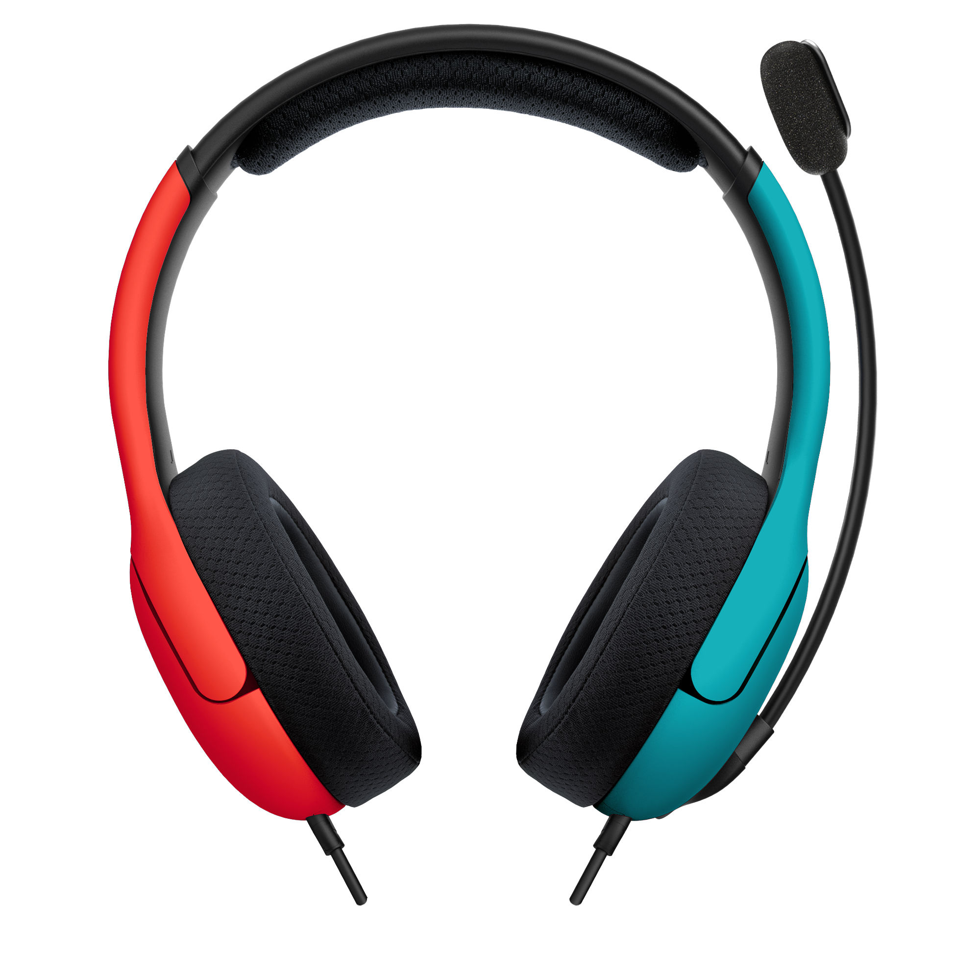 Casque de jeu rouge et bleu avec microphone, sur fond blanc.