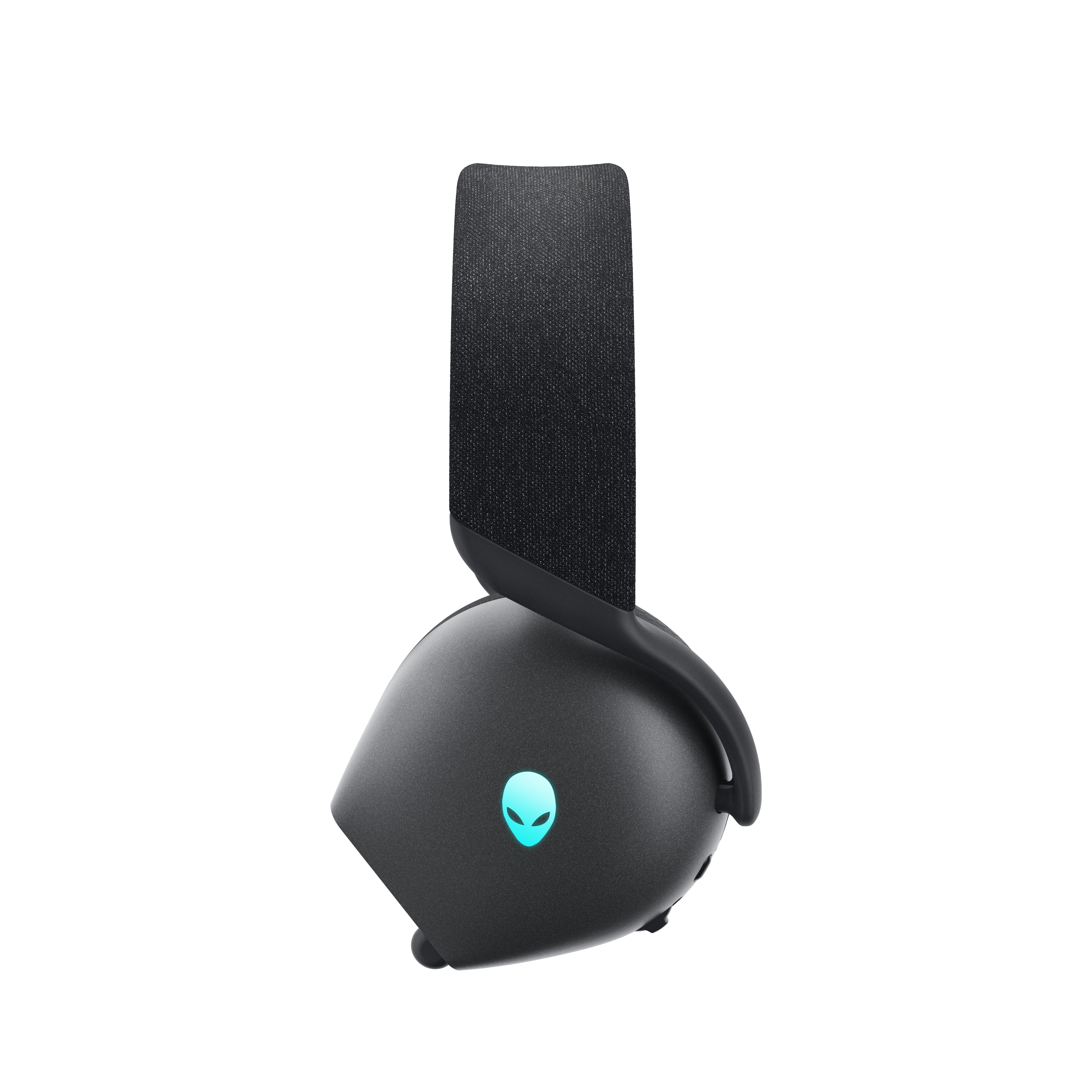 Ein schwarzes Alienware-Headset, seitlich gesehen, mit blauem Licht am Ohrmuschel.