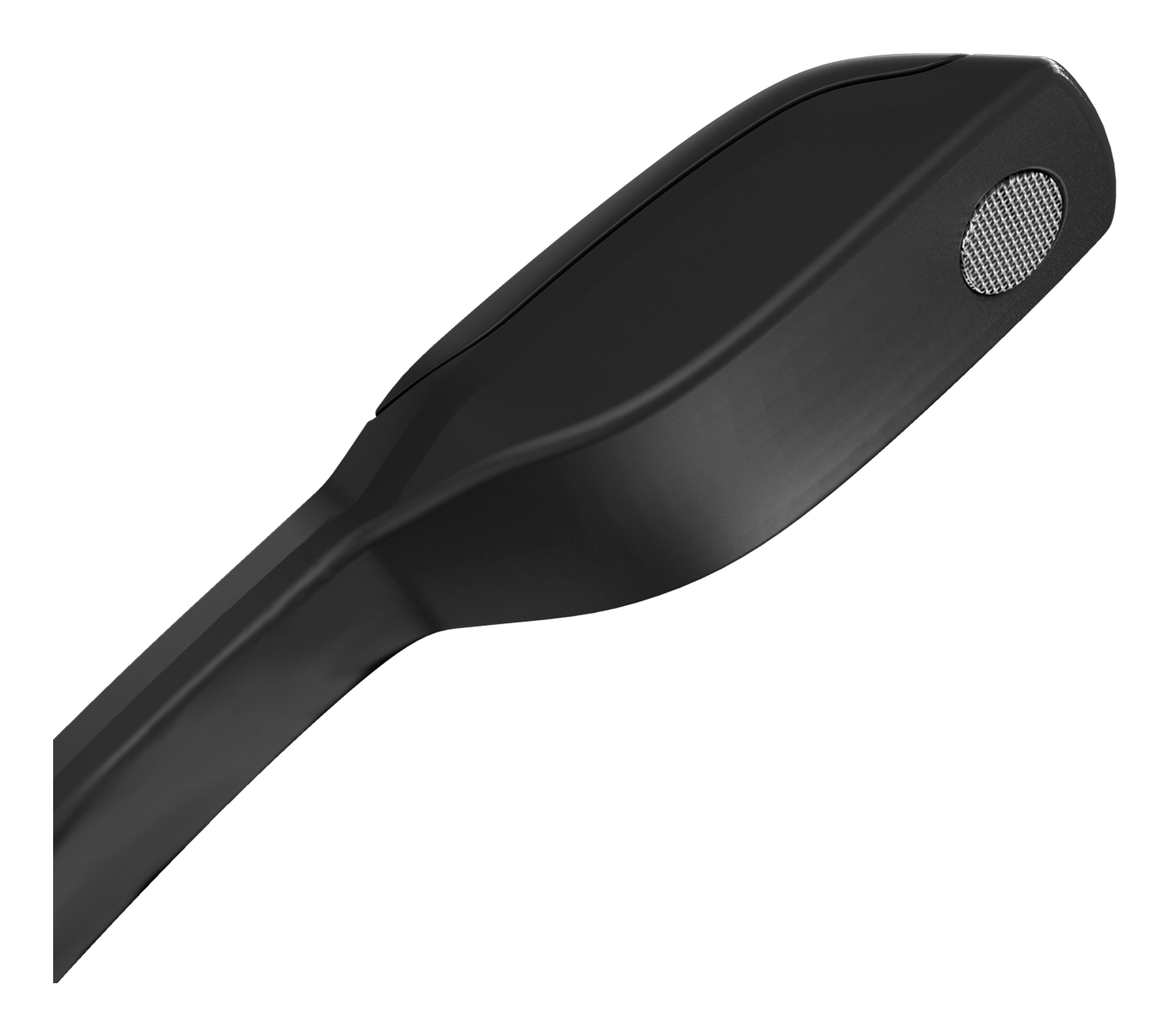 Czarny mikrofon do zestawu słuchawkowego, zbliżenie na białym tle. Widok z kąta.