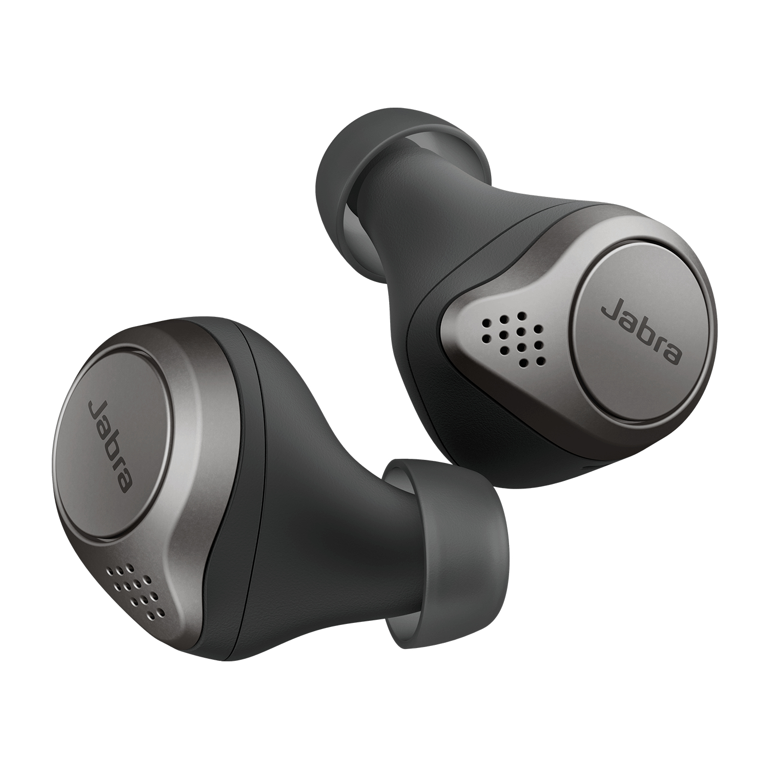 Due auricolari Jabra neri. Sono leggermente angolati, con uno sfondo bianco.