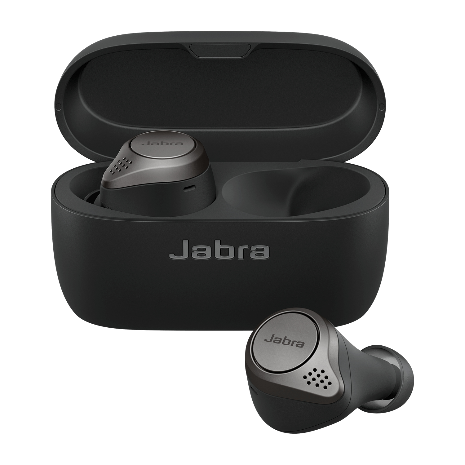 Auricolari Jabra neri in una custodia di ricarica nera, con un auricolare fuori. Lo sfondo è bianco.