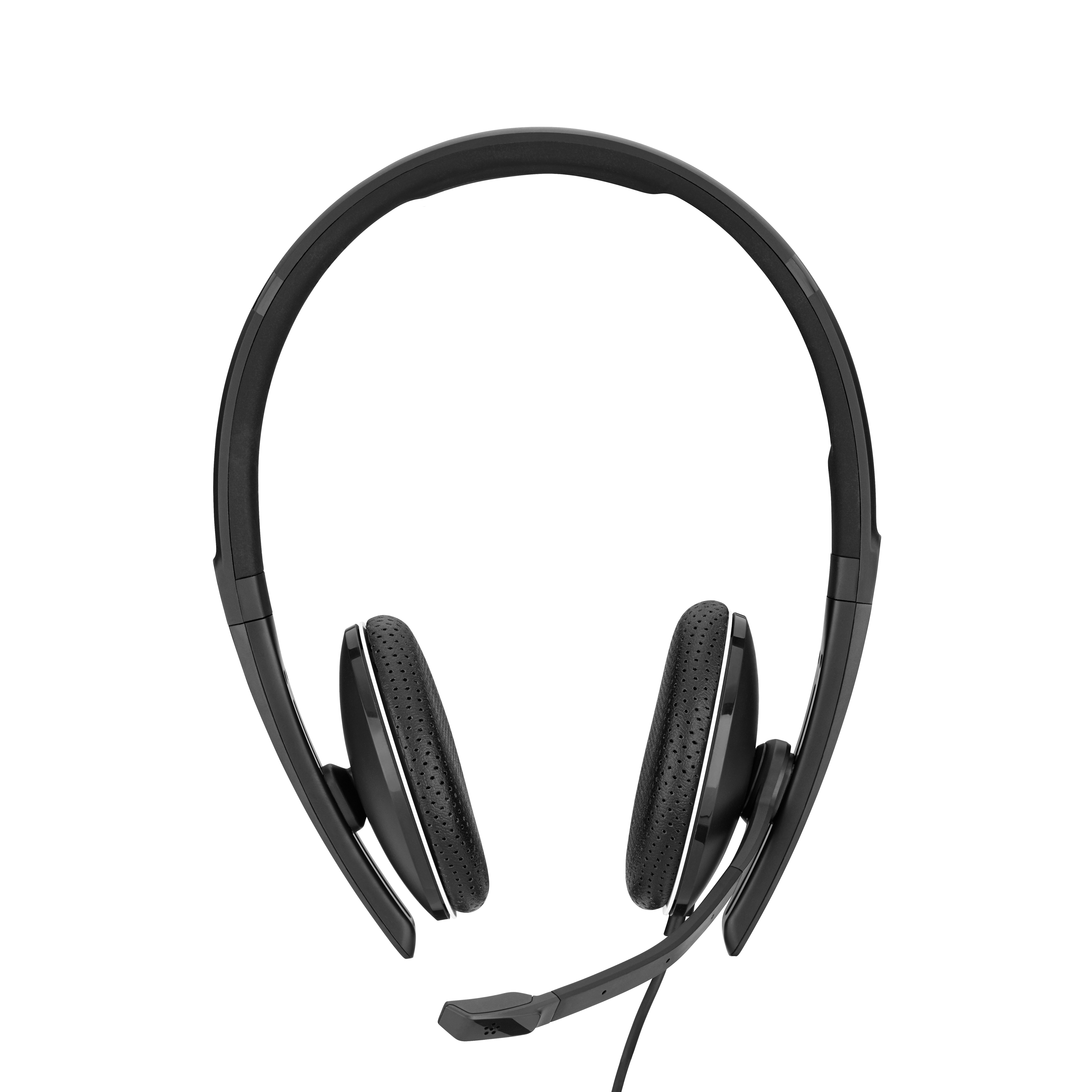 Schwarzes Headset mit Mikrofon und zwei Ohrmuscheln. Das Headset liegt auf weißem Grund.