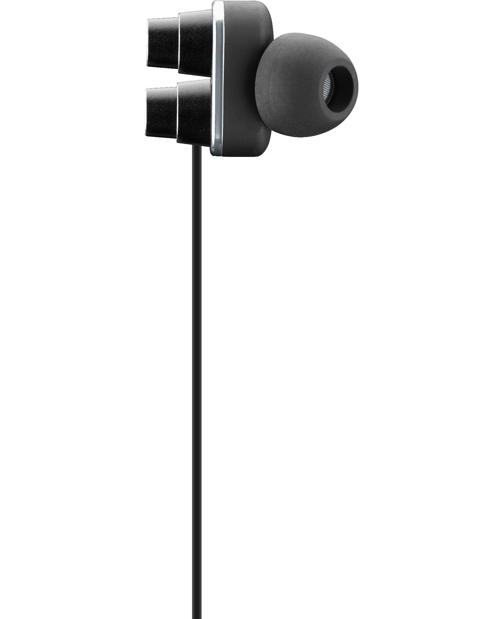 Auriculares internos negros con cable negro, con un auricular parcialmente visible.