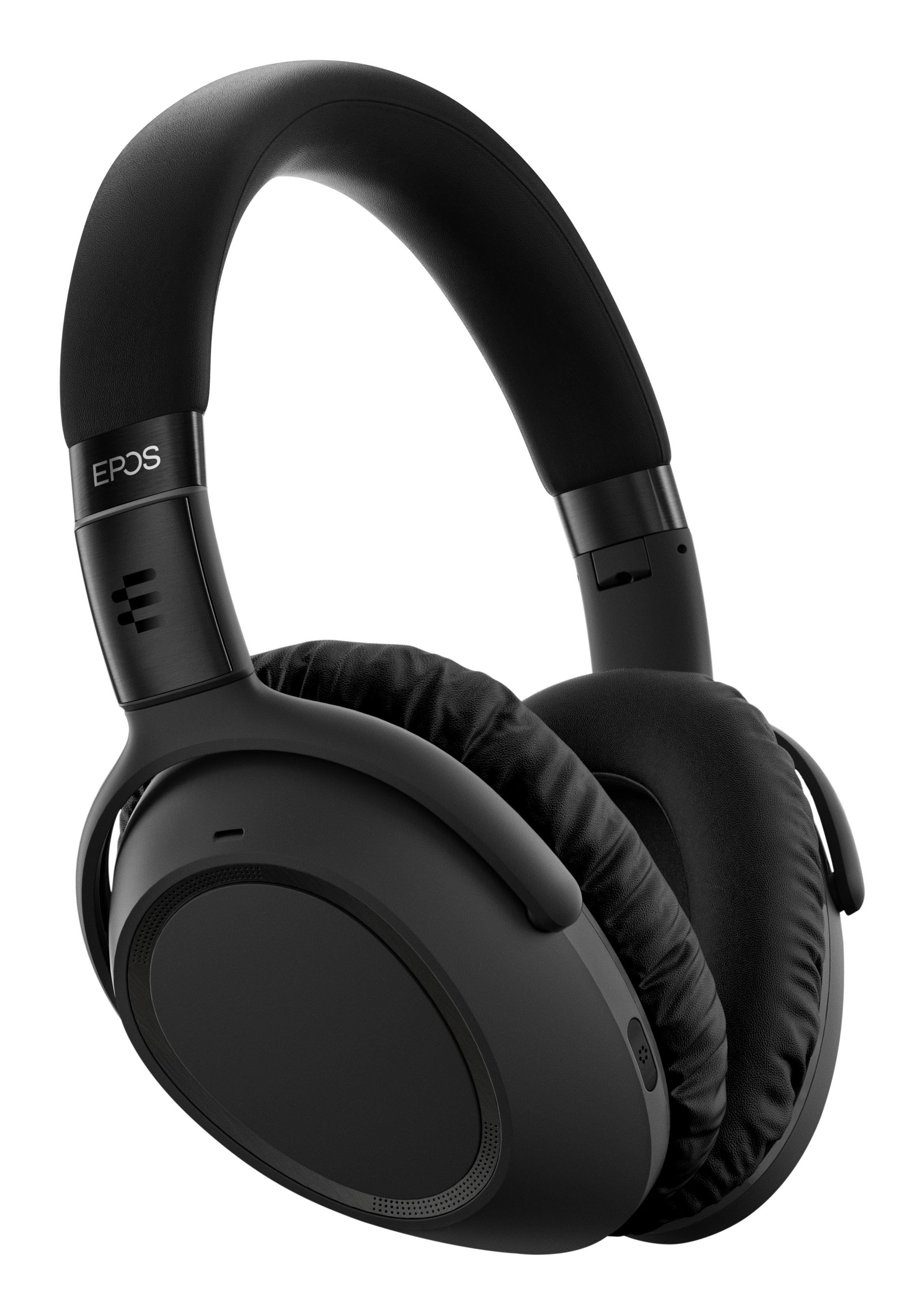 Schwarze Over-Ear-Kopfhörer mit der Marke EPOS auf der Seite, auf weißem Hintergrund.