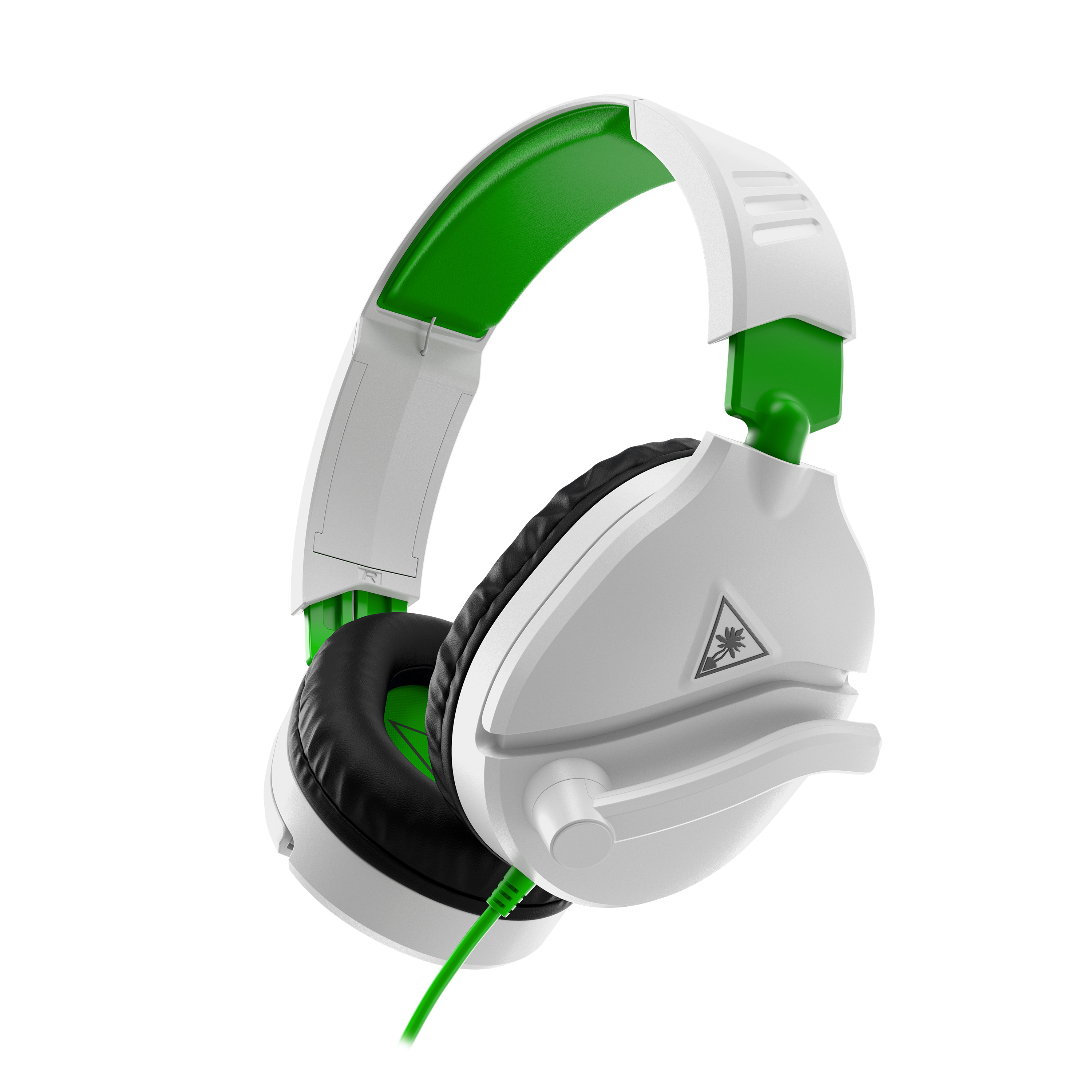 Auriculares gaming blancos y verdes con micrófono flexible, sobre fondo blanco.