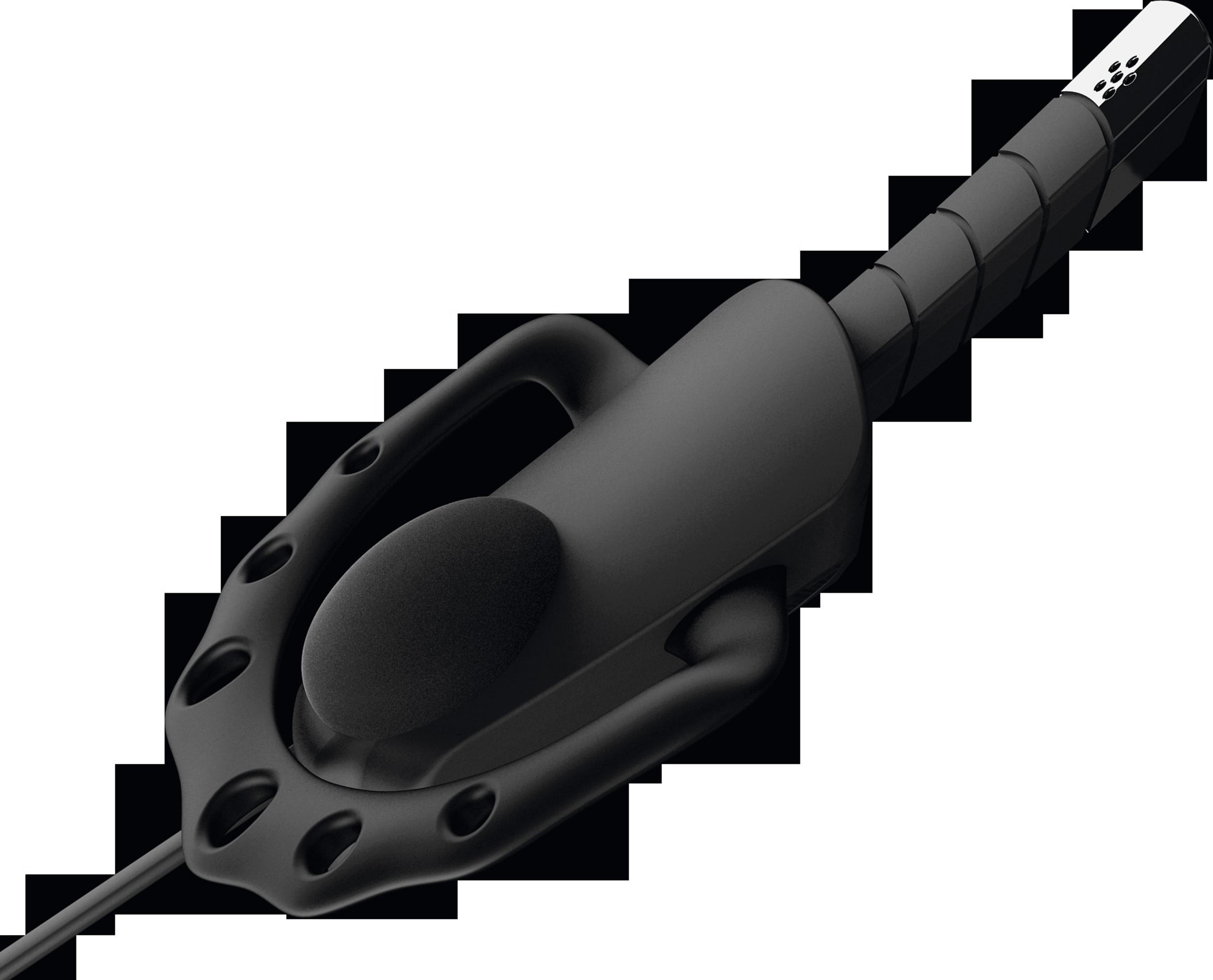 Czarny mikrofon o unikalnym designie, widok z góry. Posiada uchwyt i sferyczną głowicę mikrofonu.