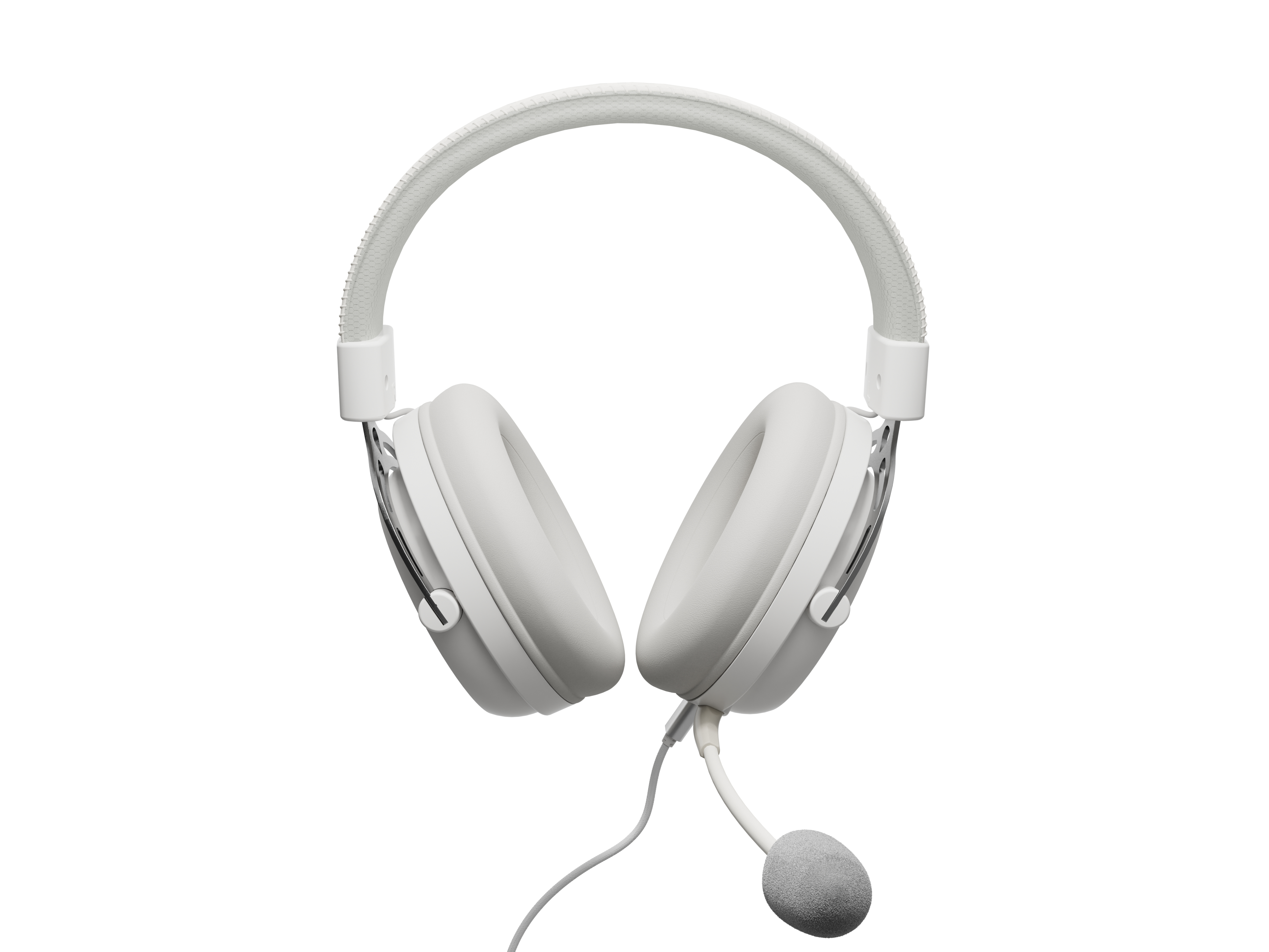 White headset with a microphone. The headset has a headband and large earcups.