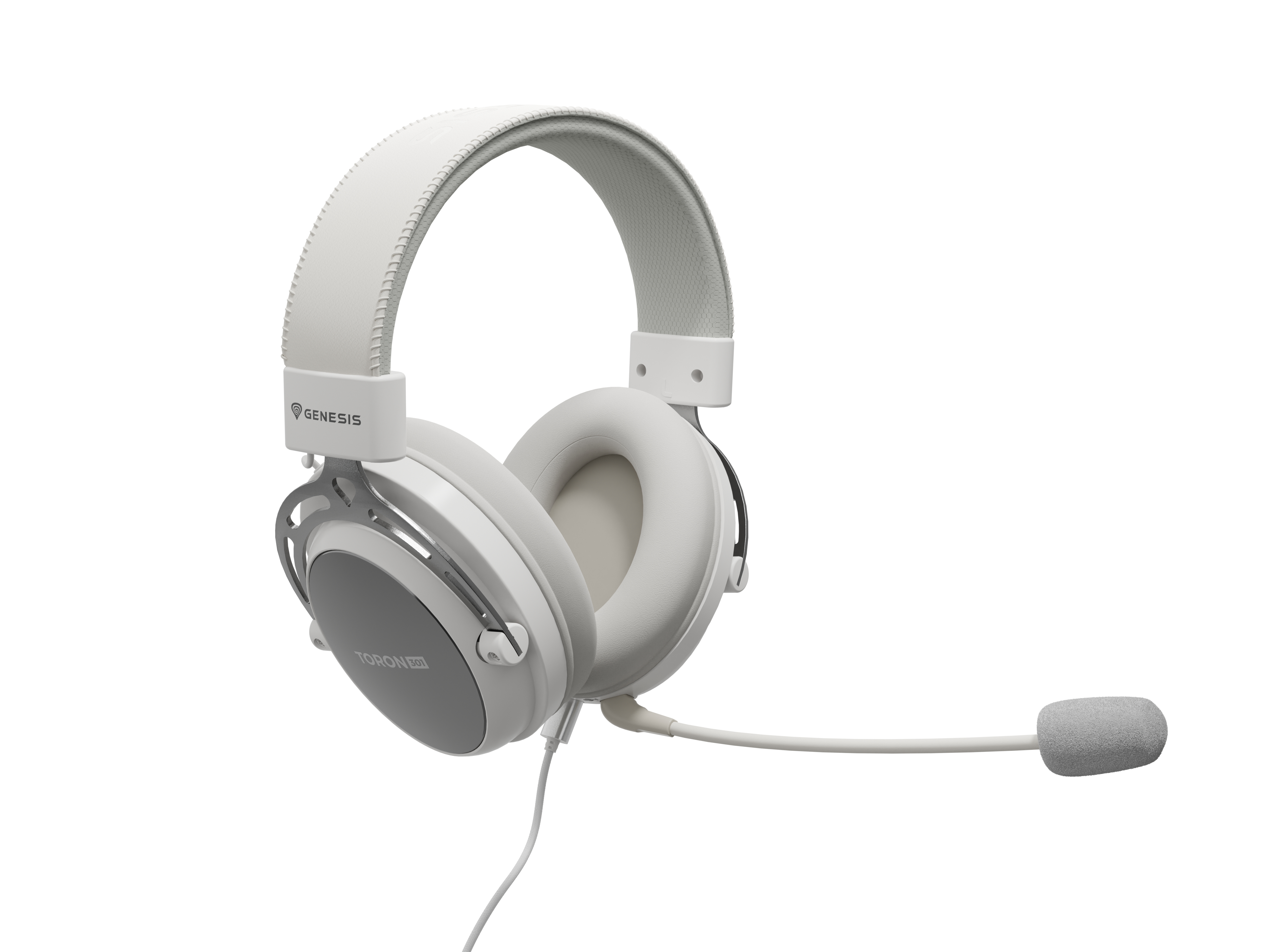 White gaming headset with a microphone and a white background.
