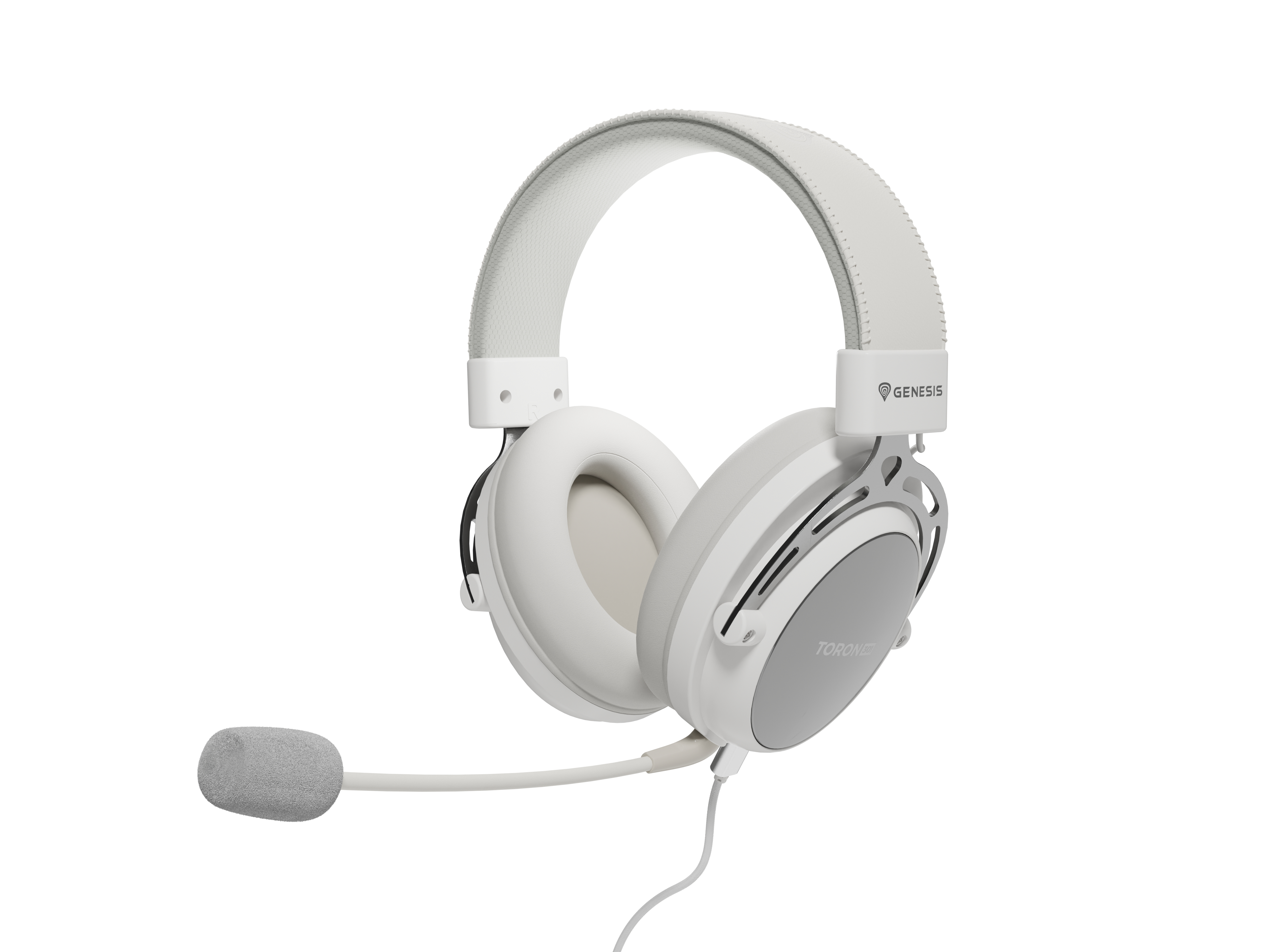 White gaming headset with a microphone. White background.