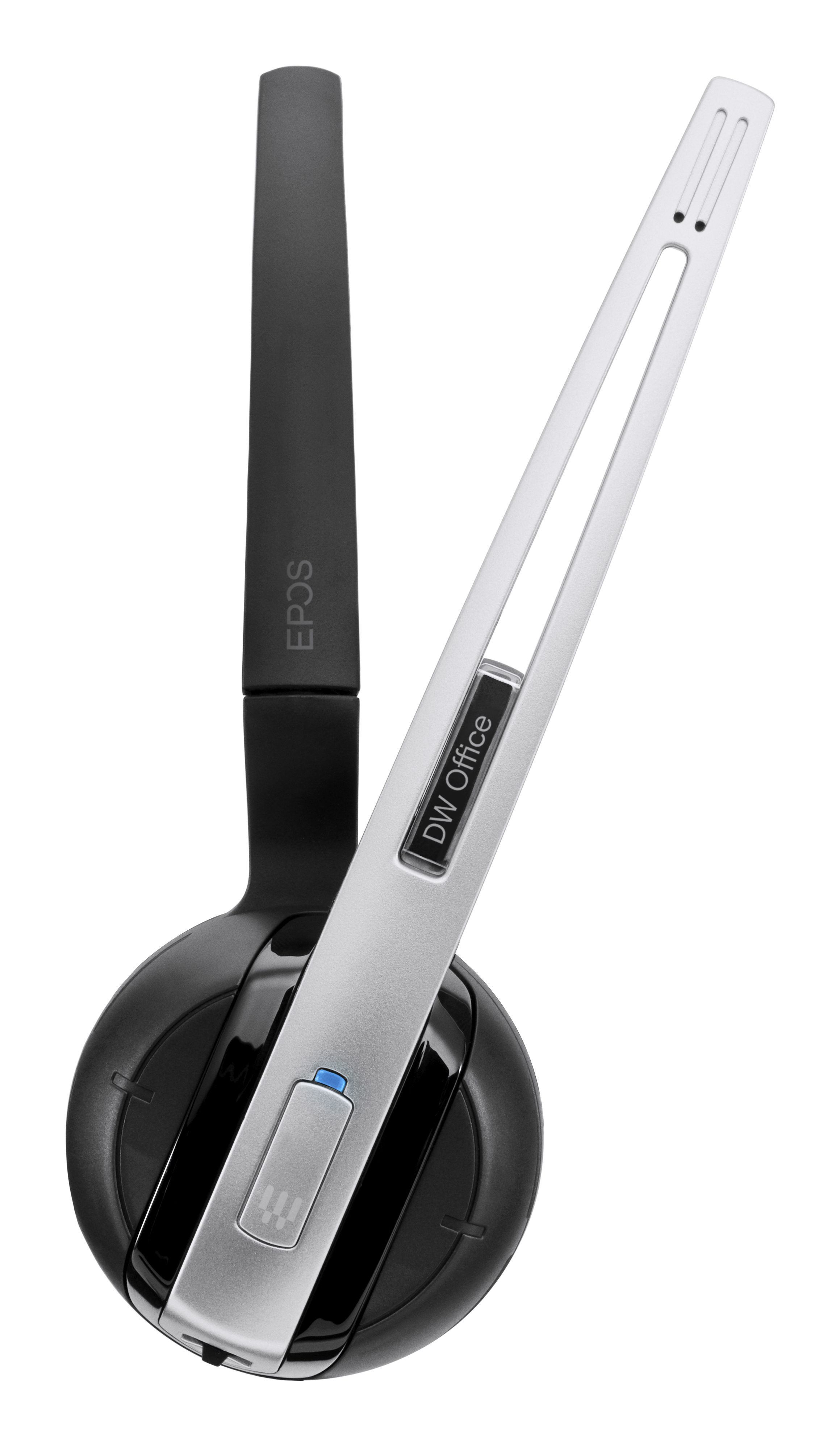 Schwarzes und silbernes EPOS DW Office Headset. Das Mikrofon ist rechts und der Ohrmuschel links.