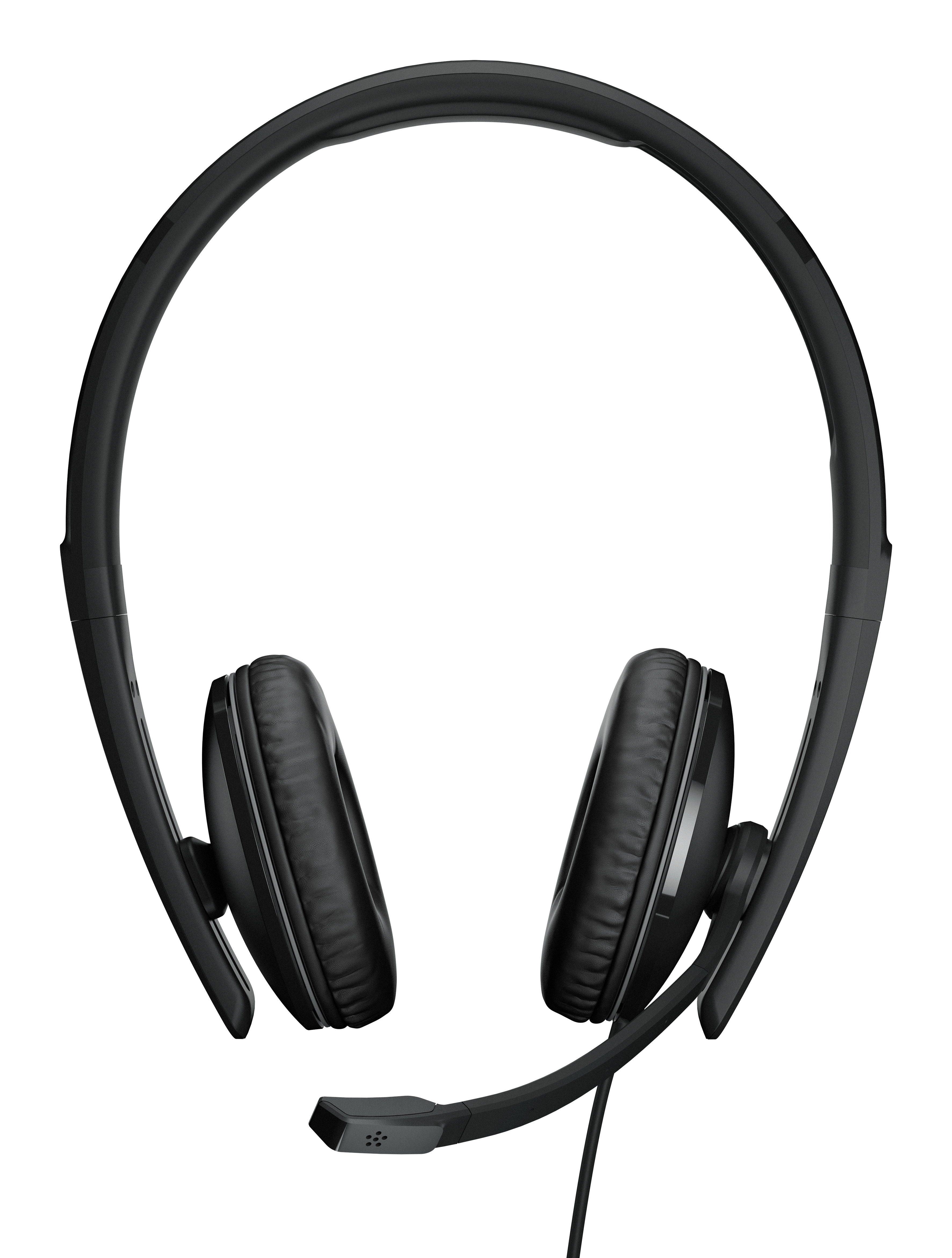 Auriculares negros con almohadillas y micrófono. Los auriculares tienen una diadema negra y están sobre fondo blanco.