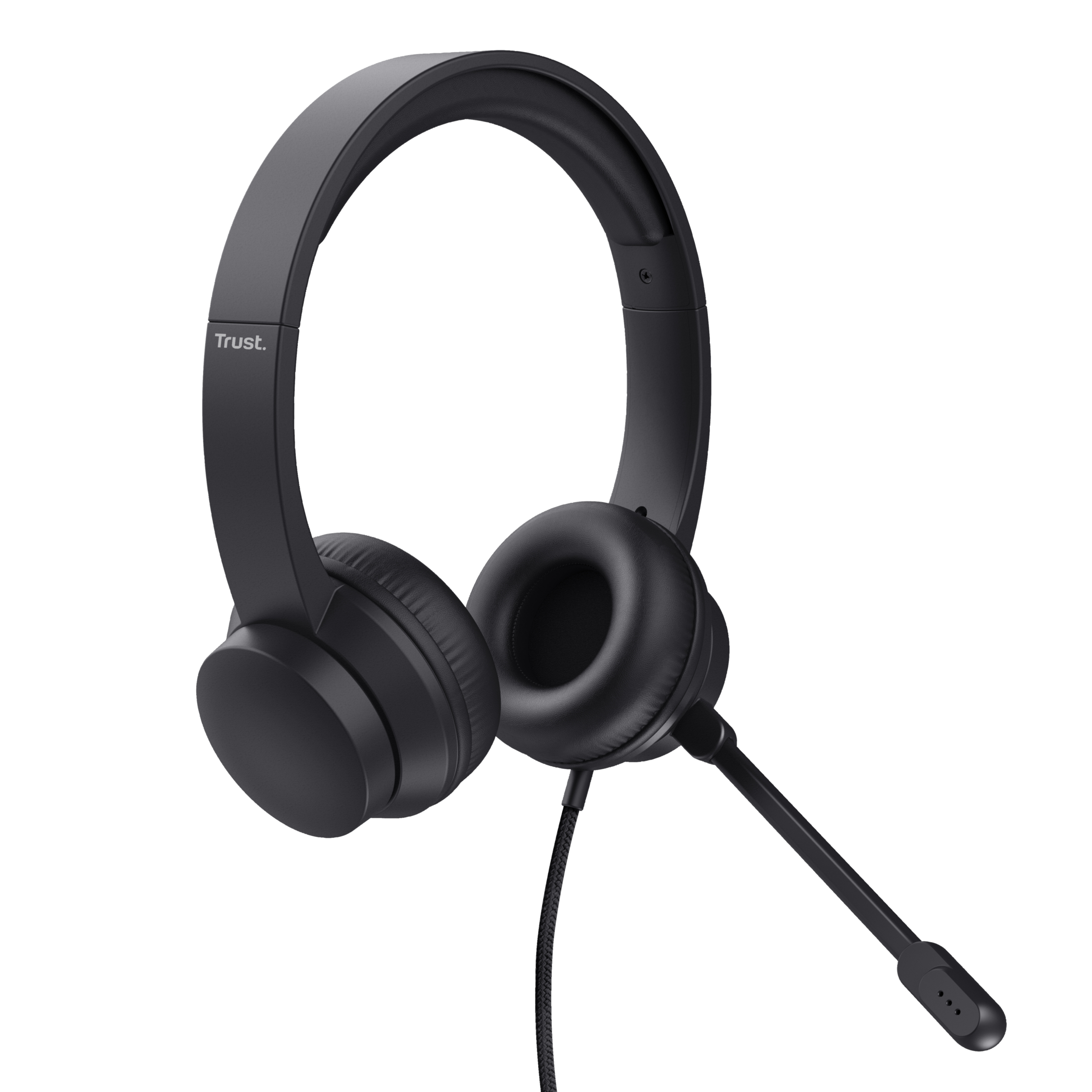 Cuffie nere con microfono e due auricolari, posizionate su una superficie bianca.