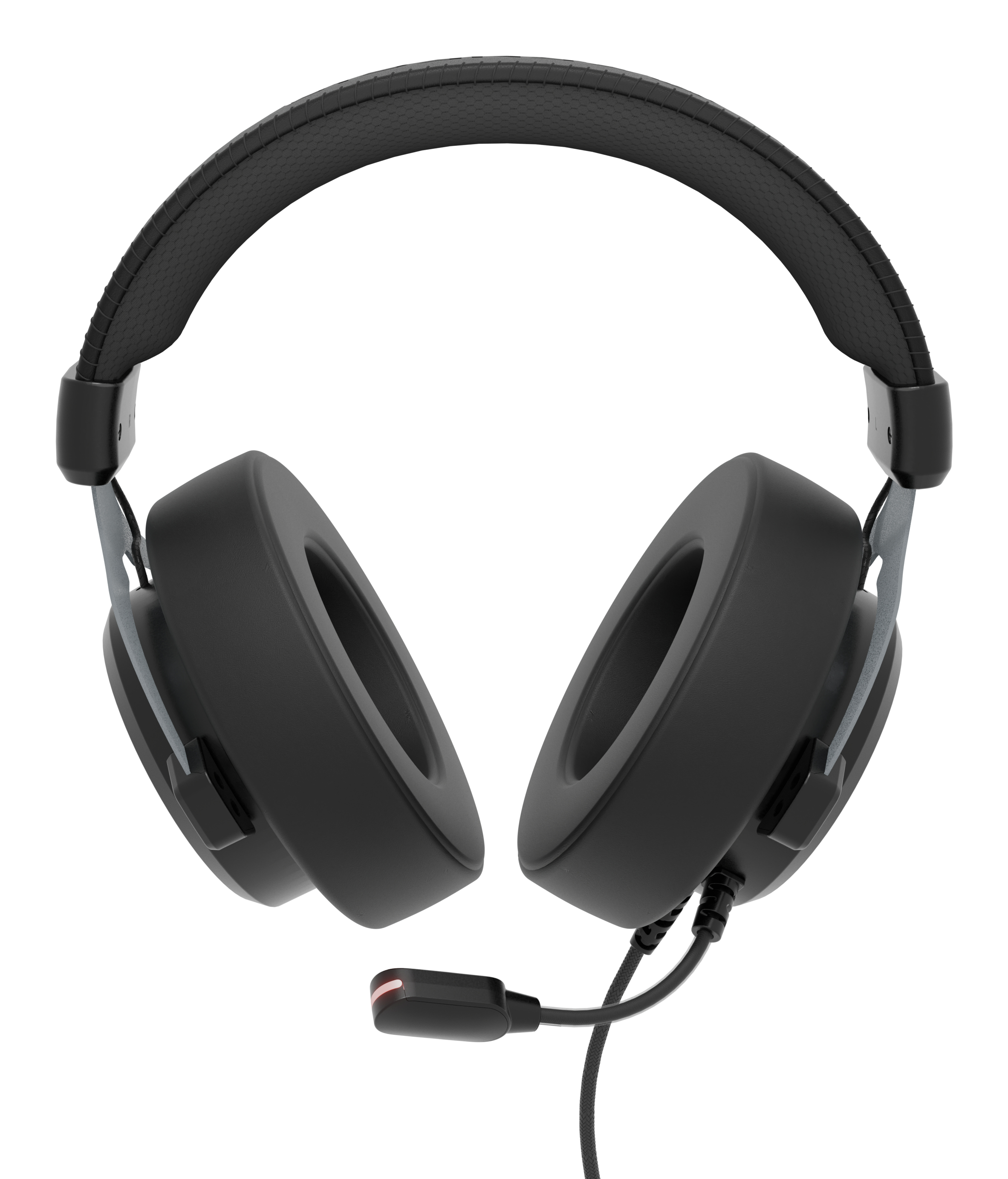 Schwarzes Headset mit großen Ohrmuscheln und Bügelmikrofon. Weißer Hintergrund.