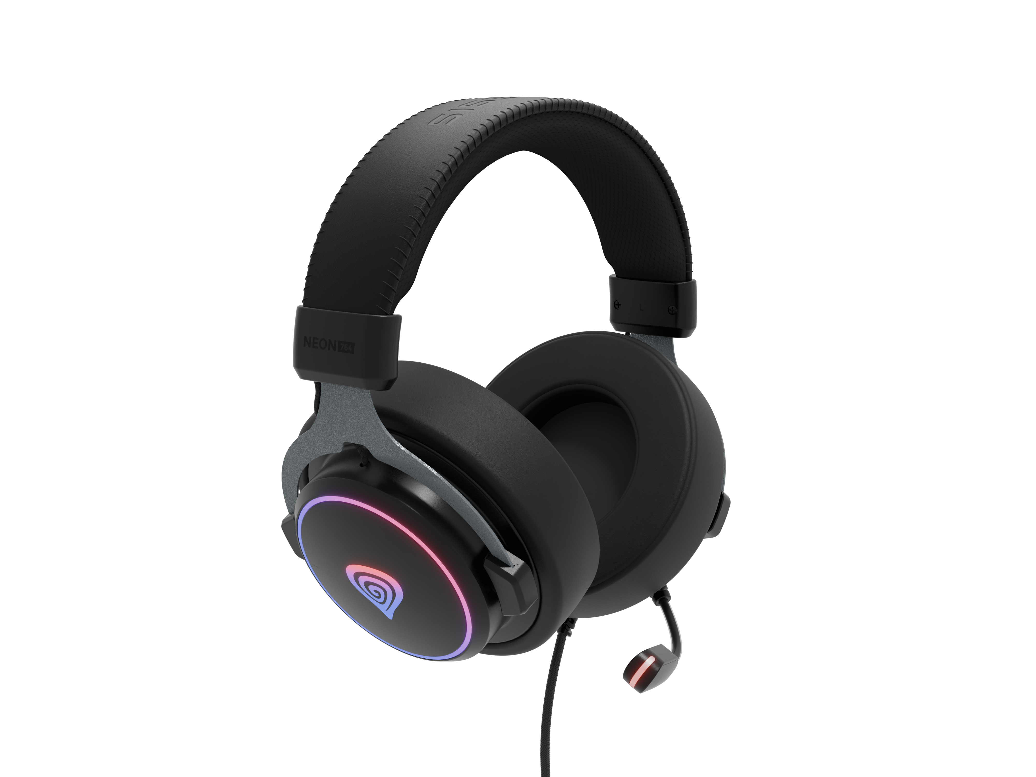 Schwarzes Headset mit farbigen Logo-Lichtern, isoliert.